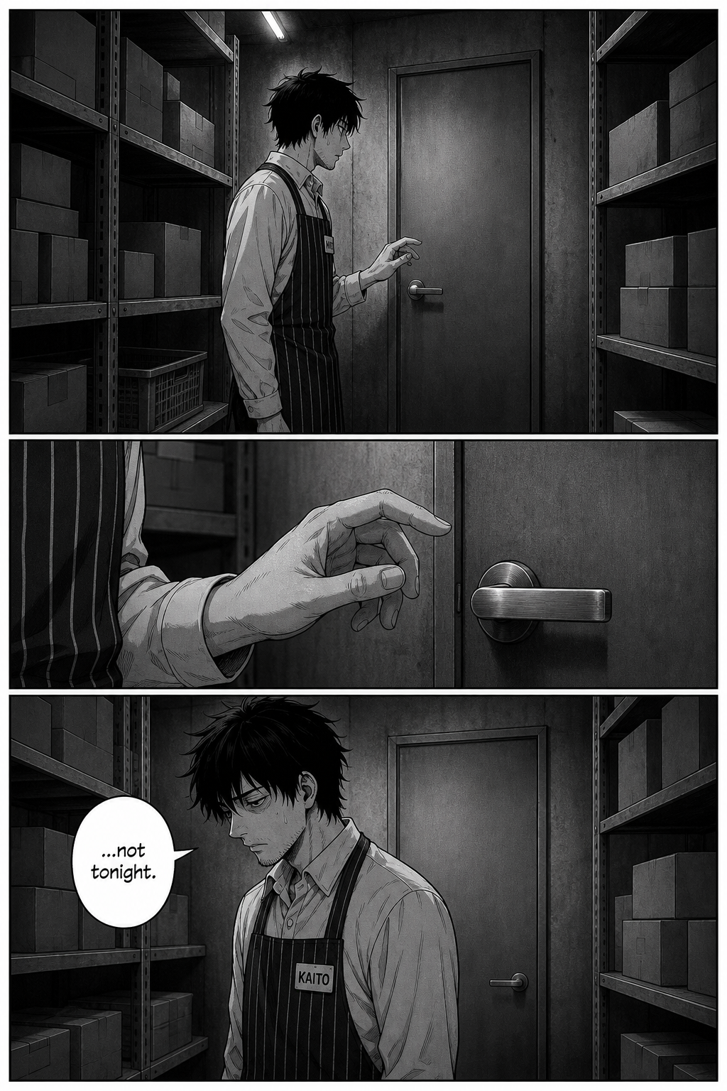 In the dim stockroom Kaito stands side-on before the small steel-handled door, one hand half-raised toward it, then draws back and turns away, defeated.