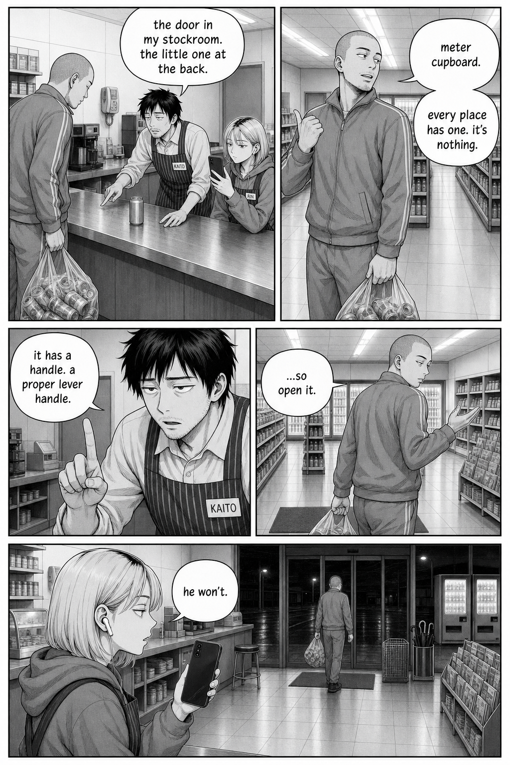 At the counter the tall shaven-headed tracksuit regular with a bag of cans dismisses Kaito's question; Kaito holds up a finger; the regular leaves; Rin films.