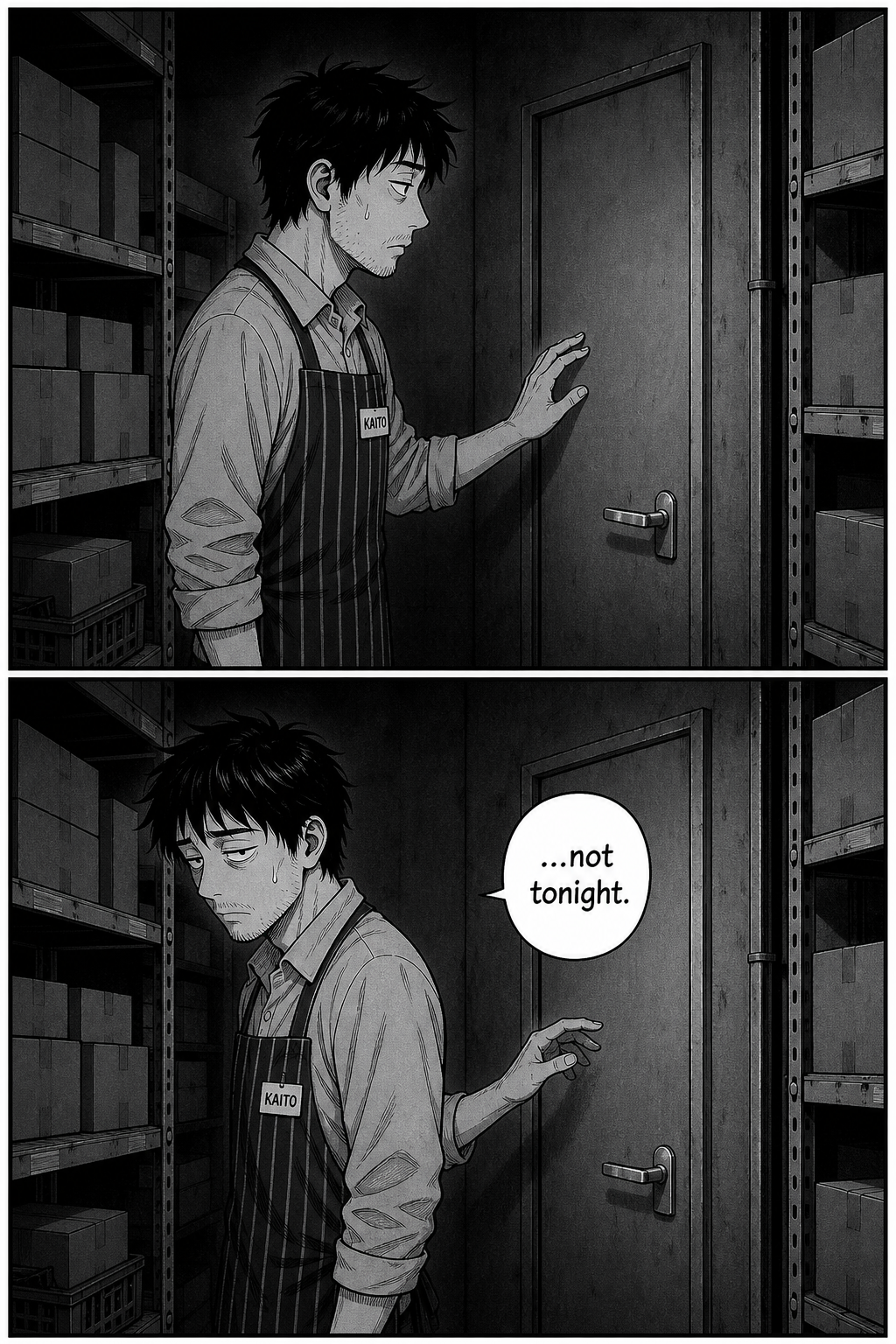The repeated beat: Kaito side-on at the small steel-handled door in the stockroom, hand half-raised, then drawing it back and turning away.
