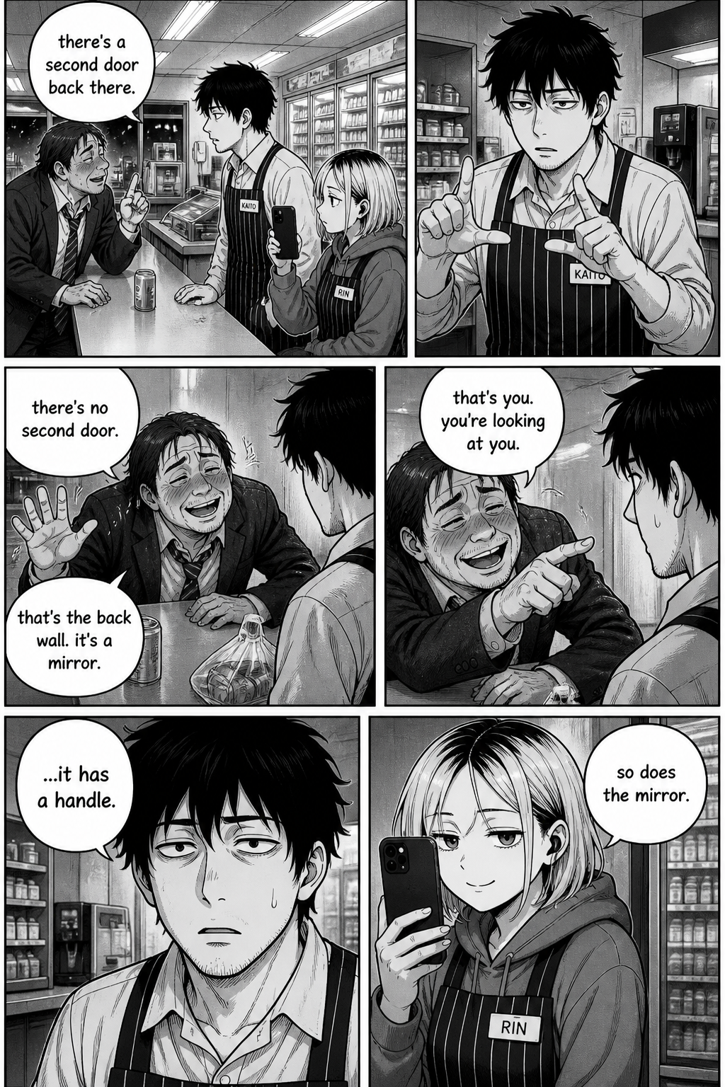 A swaying drunk salaryman at the counter insists there is no second door, that it's a mirror and Kaito is seeing himself; Kaito is thrown; Rin smirks and films.