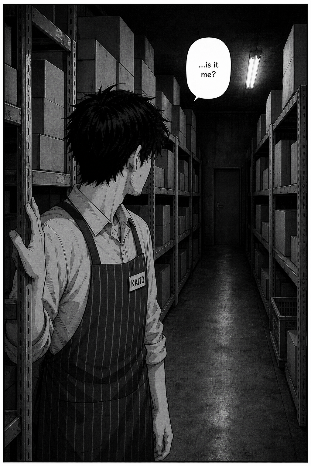 A quiet vertical panel: Kaito alone at the mouth of the dark stockroom, one hand on a shelf, staring down its length at the tiny distant door.
