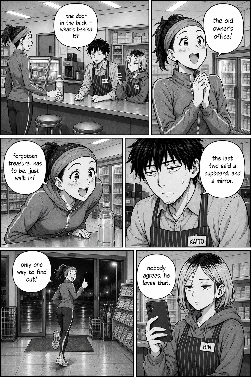 A cheerful jogger at the counter excitedly insists the door hides the old owner's office and treasure and that Kaito should just walk in; she jogs off; Rin films.