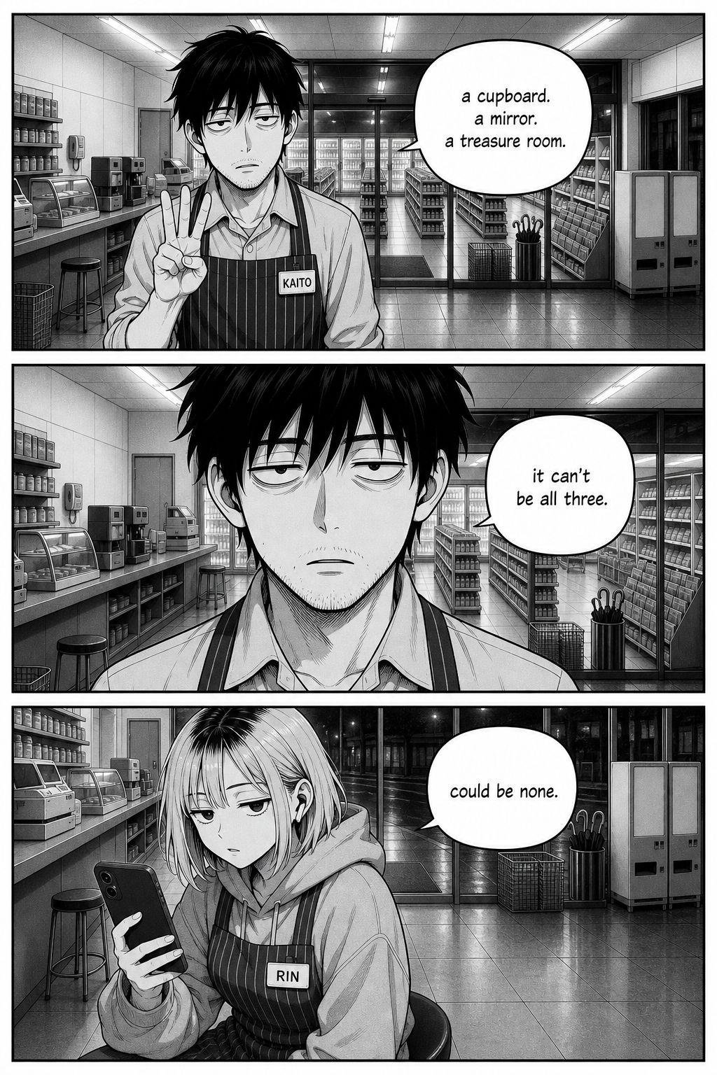 Kaito ticks off three theories on his fingers at the counter, deadpan and exhausted; Rin lowers her phone slightly.
