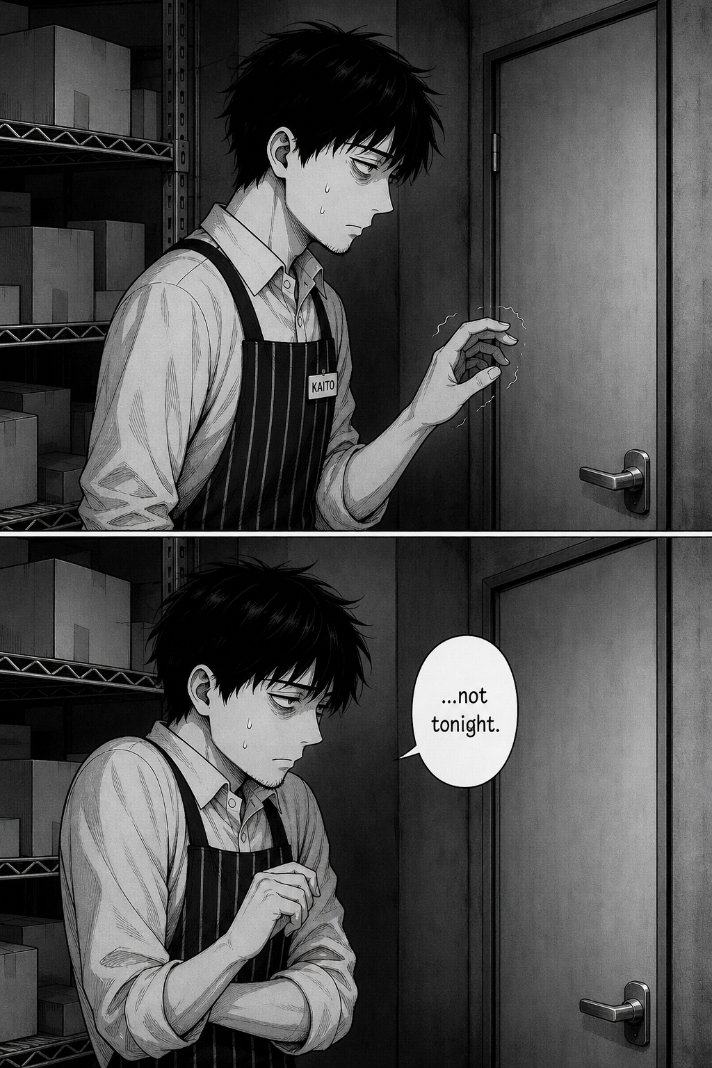 The beat at its worst: Kaito trembling before the small stockroom door, two beads of sweat, hand shaking near the handle, then snapping back and hunching away.