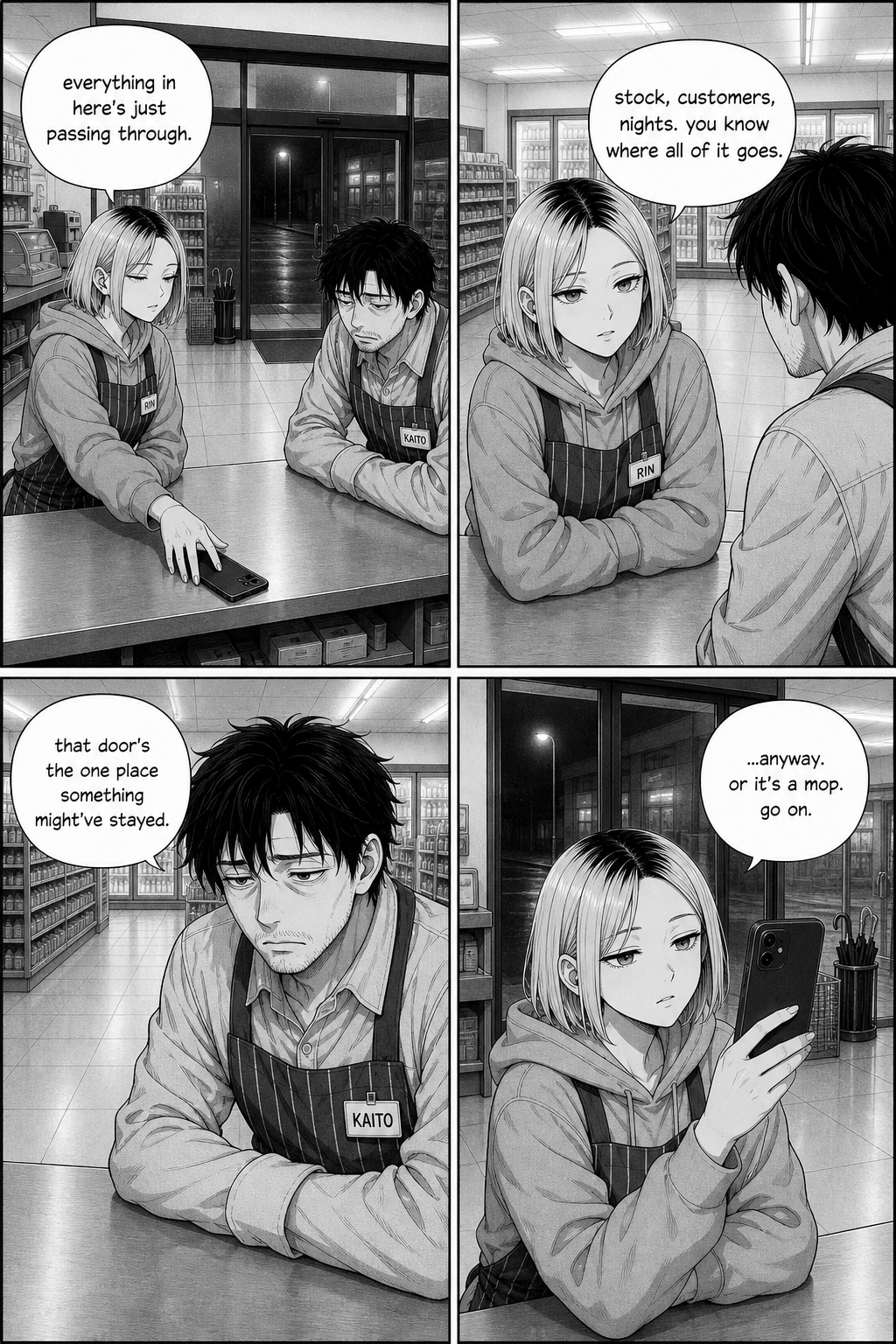 At the counter in faint pre-dawn light Rin sets her phone face-down and speaks plainly to a slumped Kaito, then picks the phone back up.