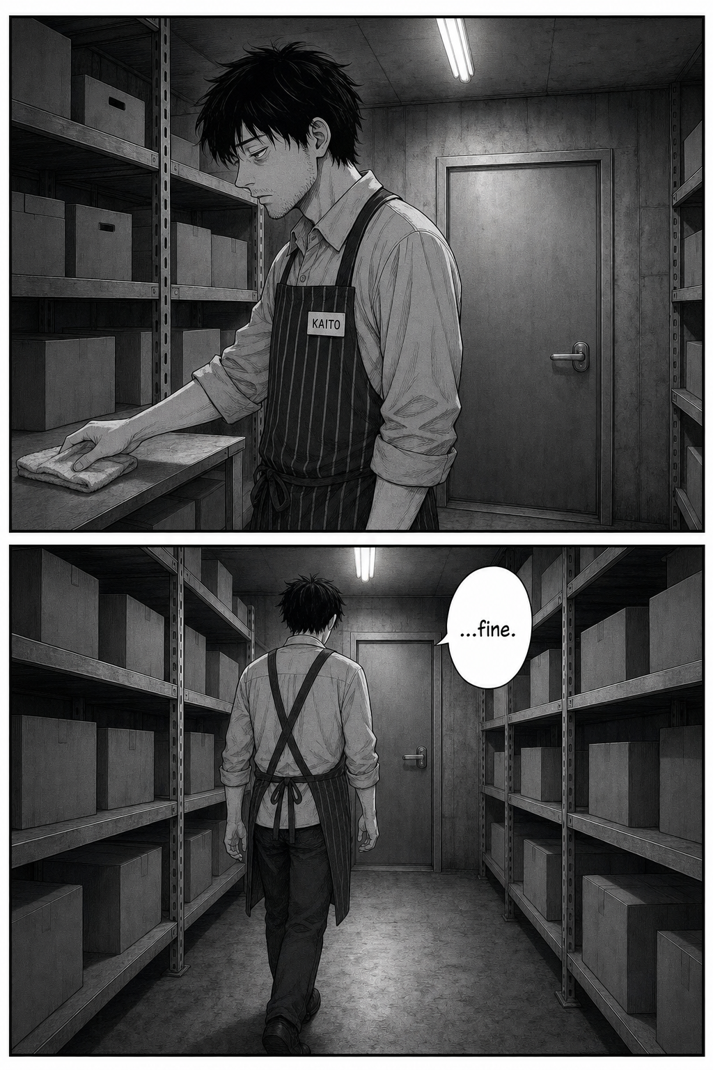 Near dawn Kaito sets down a cloth at the staff door, then walks the length of the dim stockroom toward the small door, seen from behind with tired shoulders.