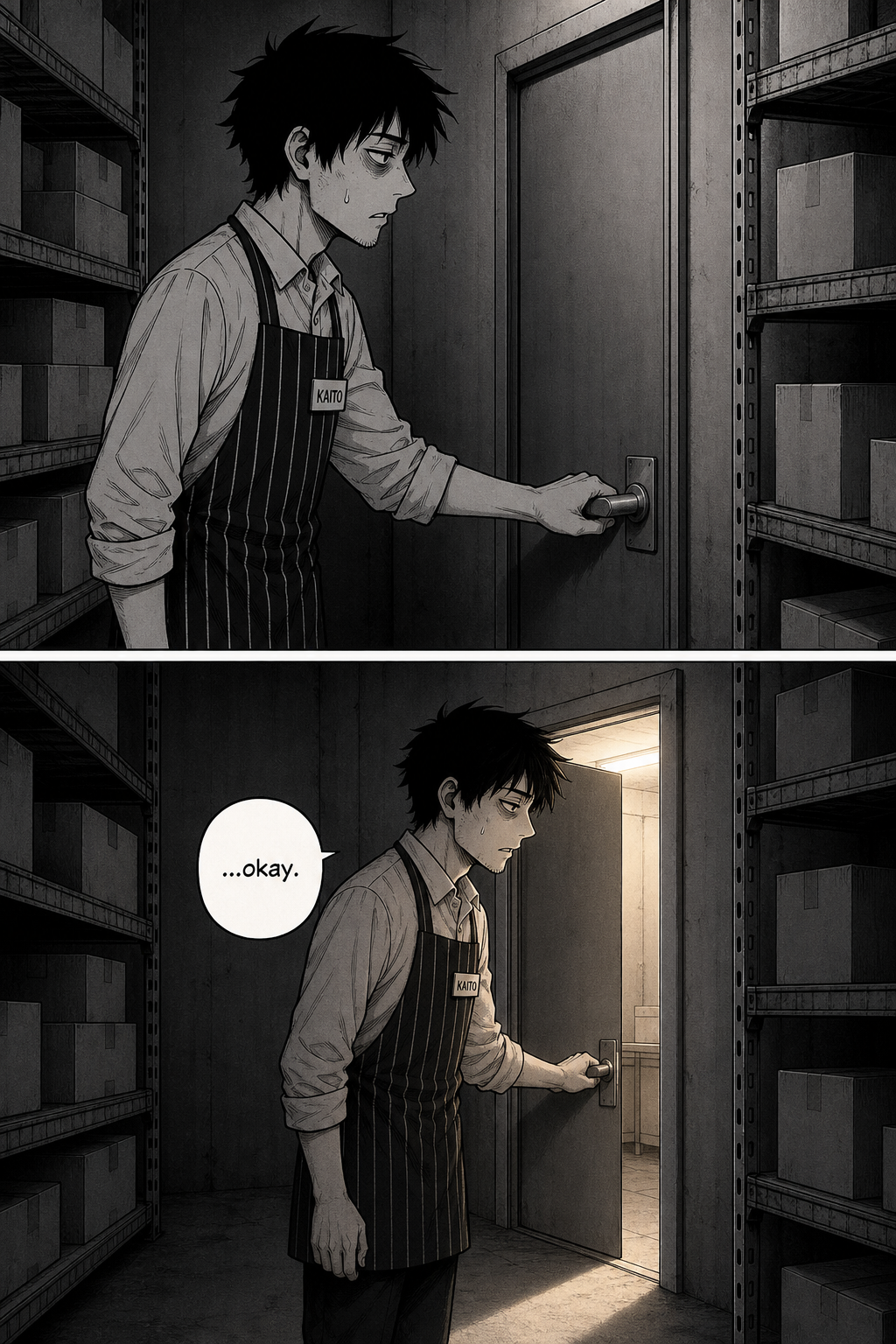 The beat inverted: Kaito's hand closed on the small door's steel handle, turning it; the door cracks inward and a wedge of warm light falls across his face.