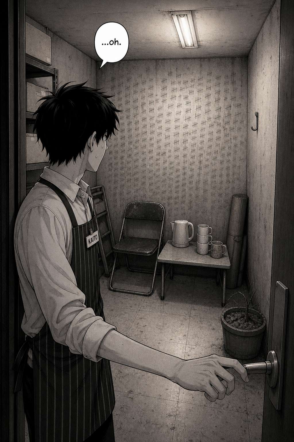 Splash: the open door reveals a small dusty break room — a folding chair, a low table with a kettle and mugs, a dead potted plant, and a wall covered in scratched tally marks. Kaito stands silhouetted in the doorway.