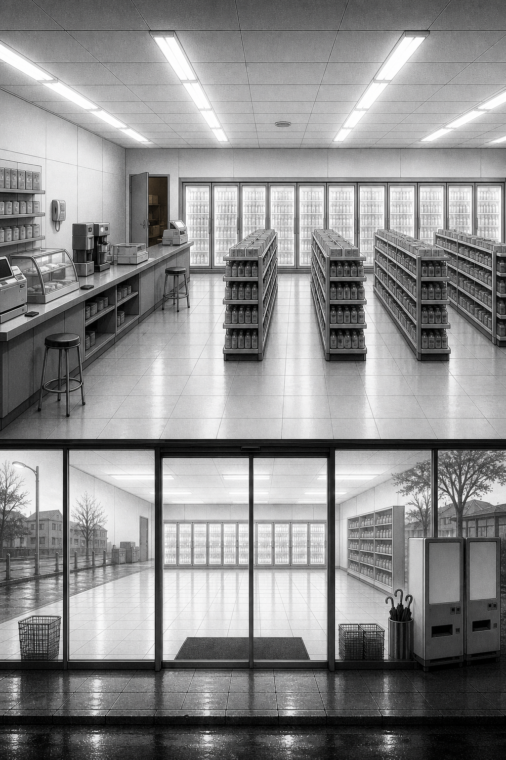 A wide dawn view mirroring the opening shot of the empty store, but now the corner staff door stands open on warm dark, both stools empty and a phone left face-down on the counter.