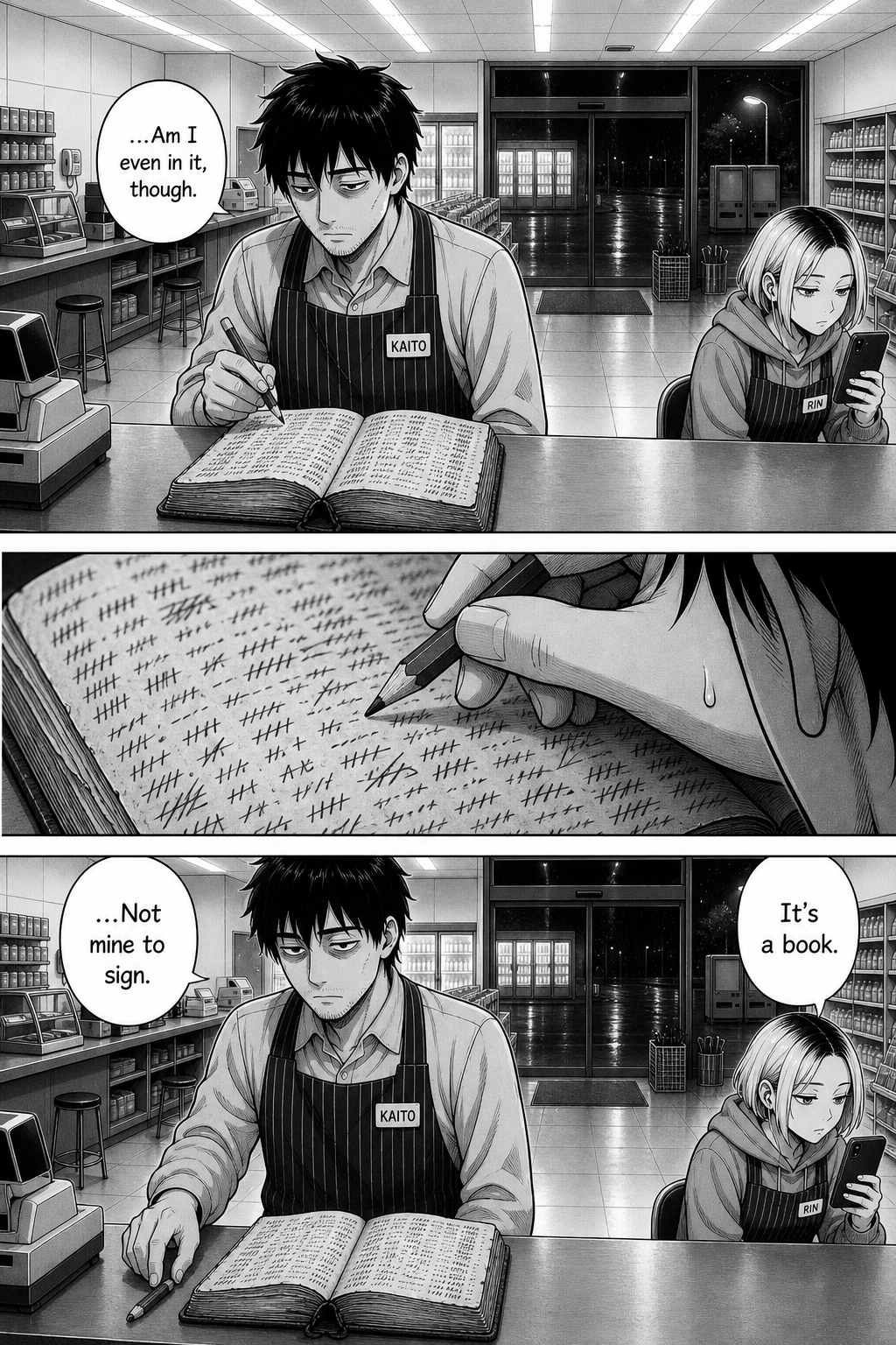 Kaito holds a pencil over the open book, hesitates with a bead of sweat, then sets it down without signing while Rin ignores him.