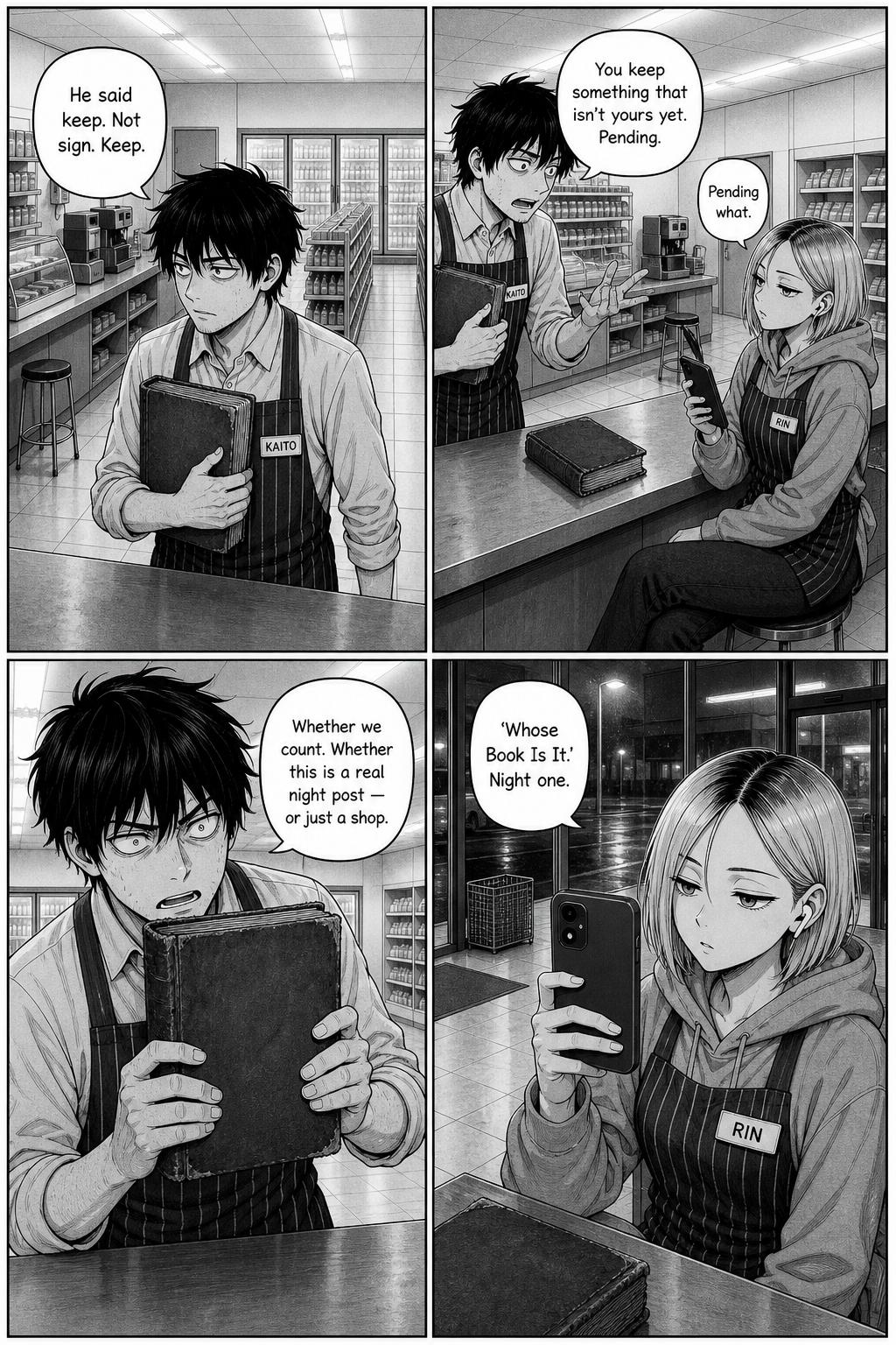 Kaito paces behind the counter clutching the closed book and spiraling about the word 'keep' while Rin starts filming him.