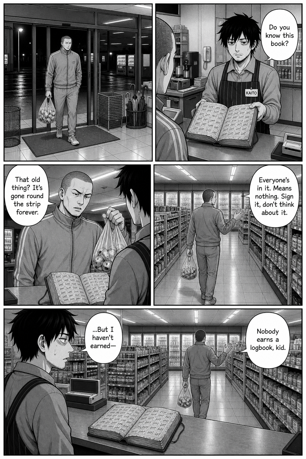 The tall shaved-headed tracksuit regular with a bag of cans gives his verdict on the book as Kaito holds it open across the counter.
