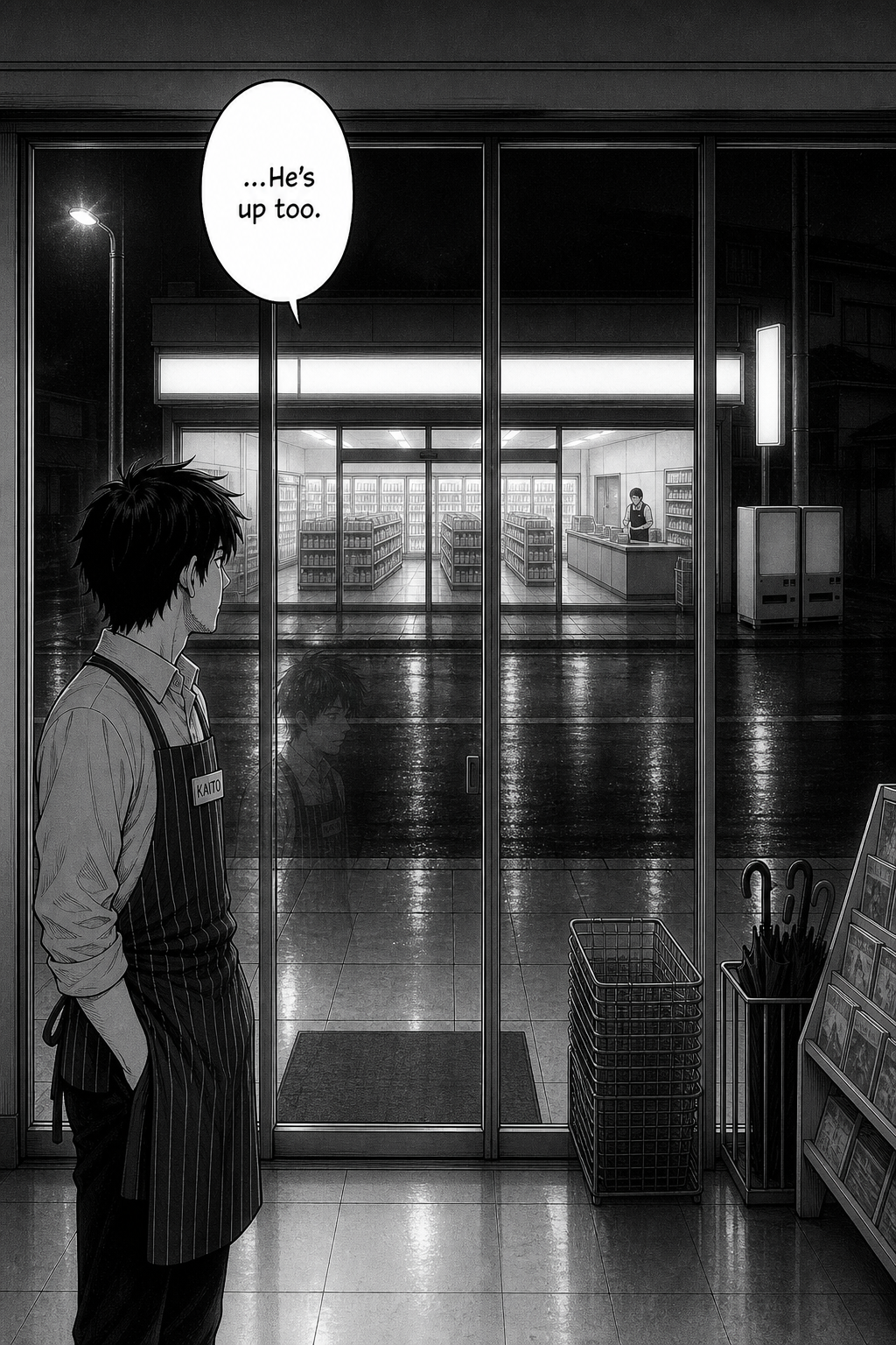Looking out through the store window across the wet street to a rival convenience store lit up on the far corner, its clerk a silhouette; Kaito watches.