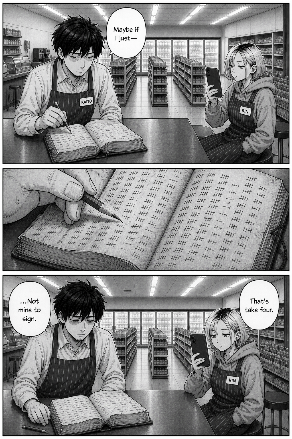 Kaito again holds the pencil over the open tally-marked book, sweats, and sets it down unsigned while Rin films.