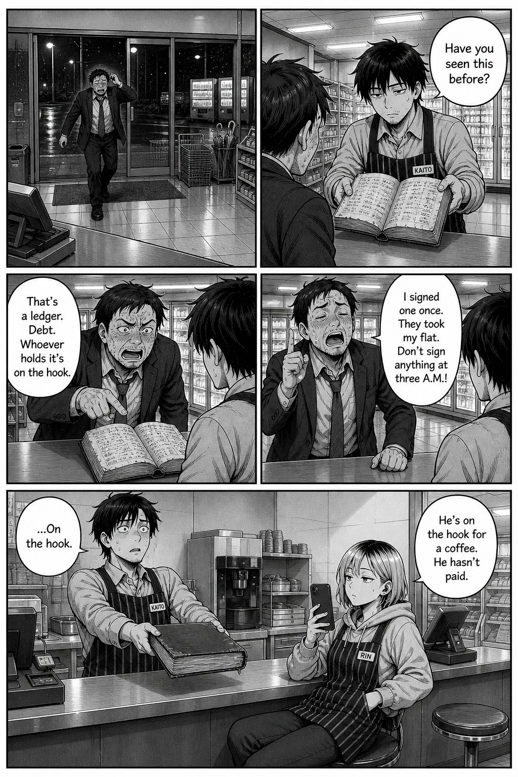 A drunk salaryman leans in alarmed, warning Kaito the book is a debt ledger, while Rin notes he hasn't paid for his coffee.