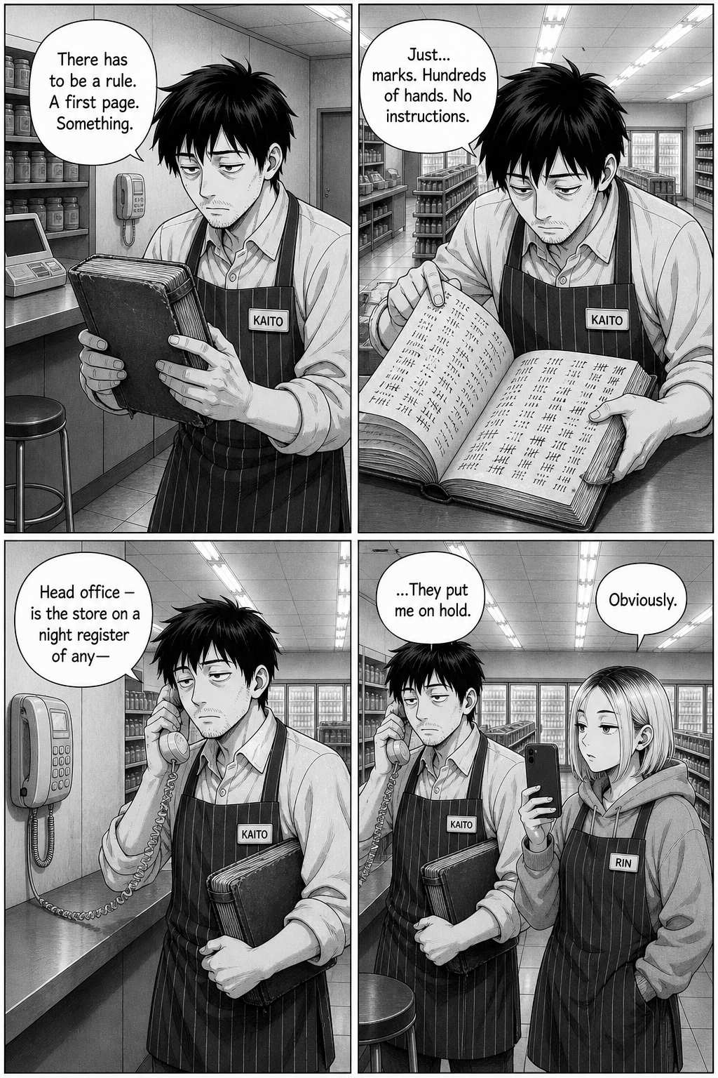 Kaito examines the book for a rule, flips its tally-marked pages, then phones head office and is put on hold while Rin films.