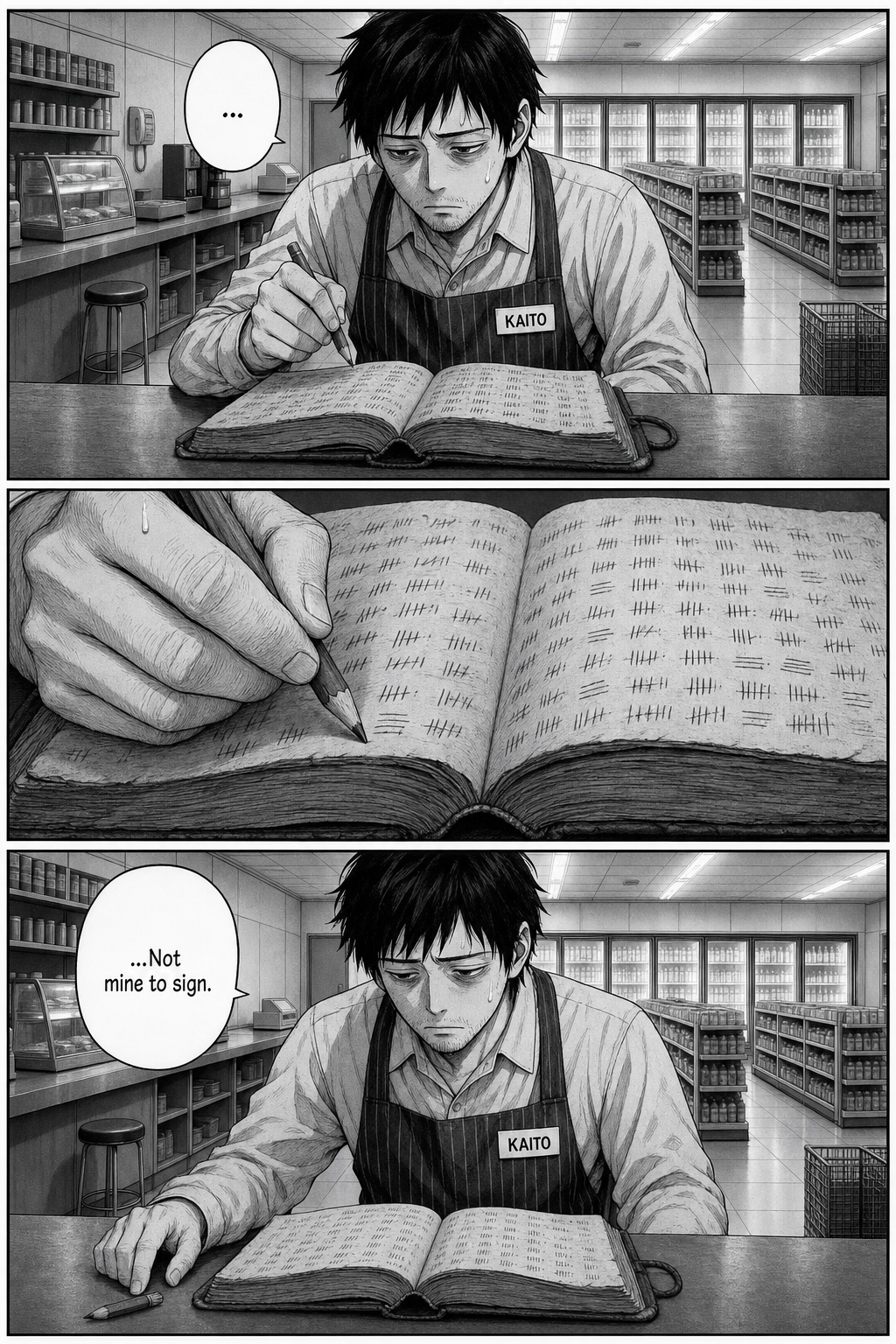 At his lowest, Kaito holds the trembling pencil over the tally-marked book, then sets it down still unable to sign.