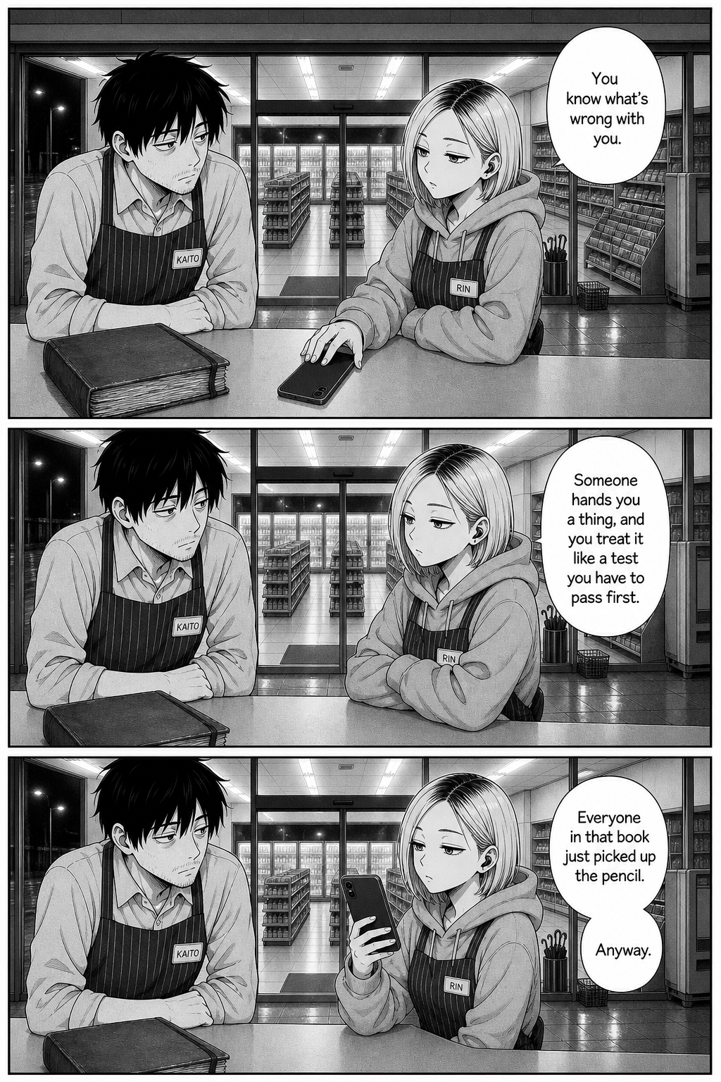 Rin sets her phone face-down and quietly tells Kaito he treats being handed a thing like a test he must pass, then picks the phone back up.
