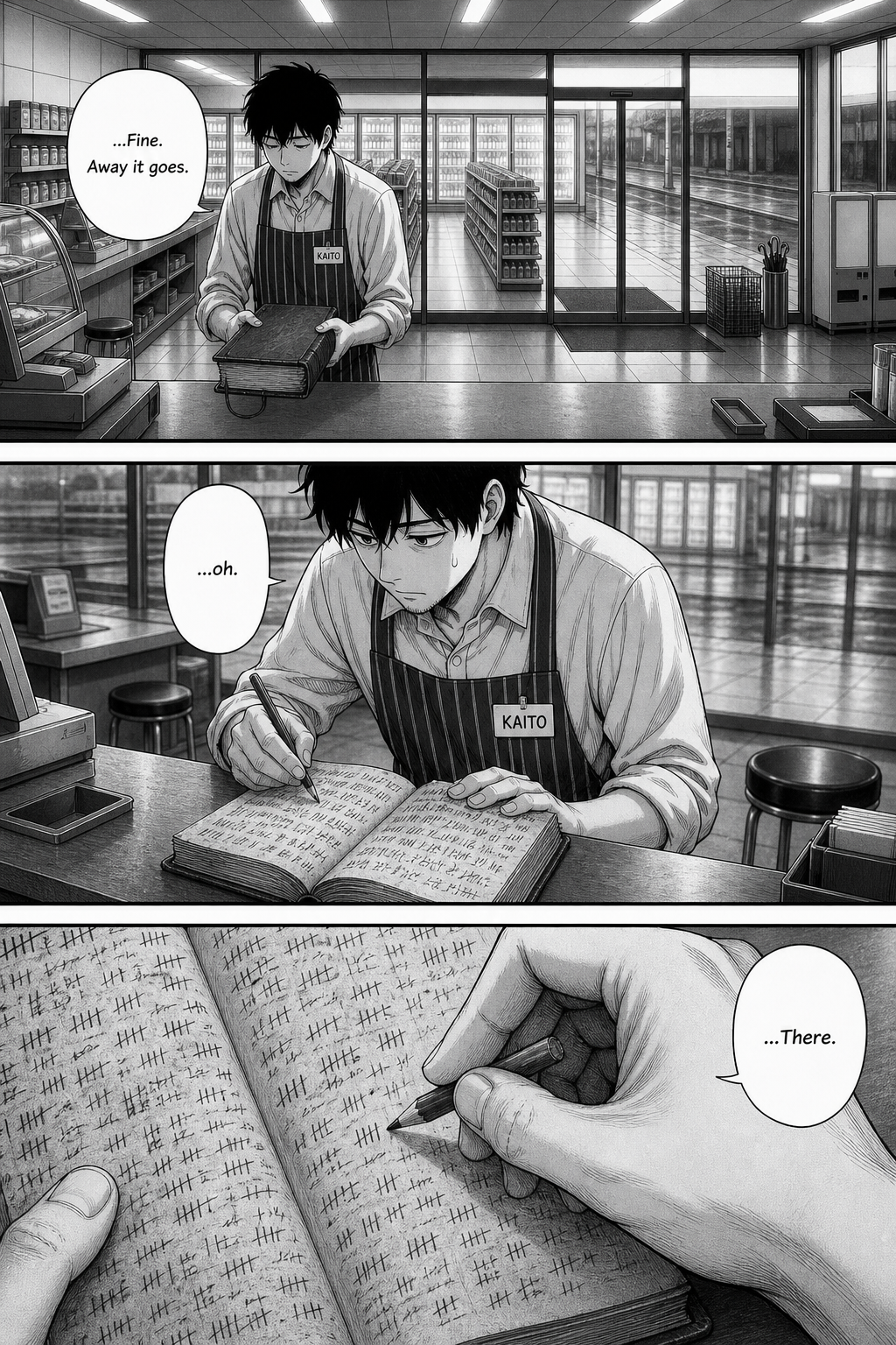 In grey pre-dawn light Kaito finally brings the pencil down onto the book and adds his own mark among the thousands, with a faint smile.