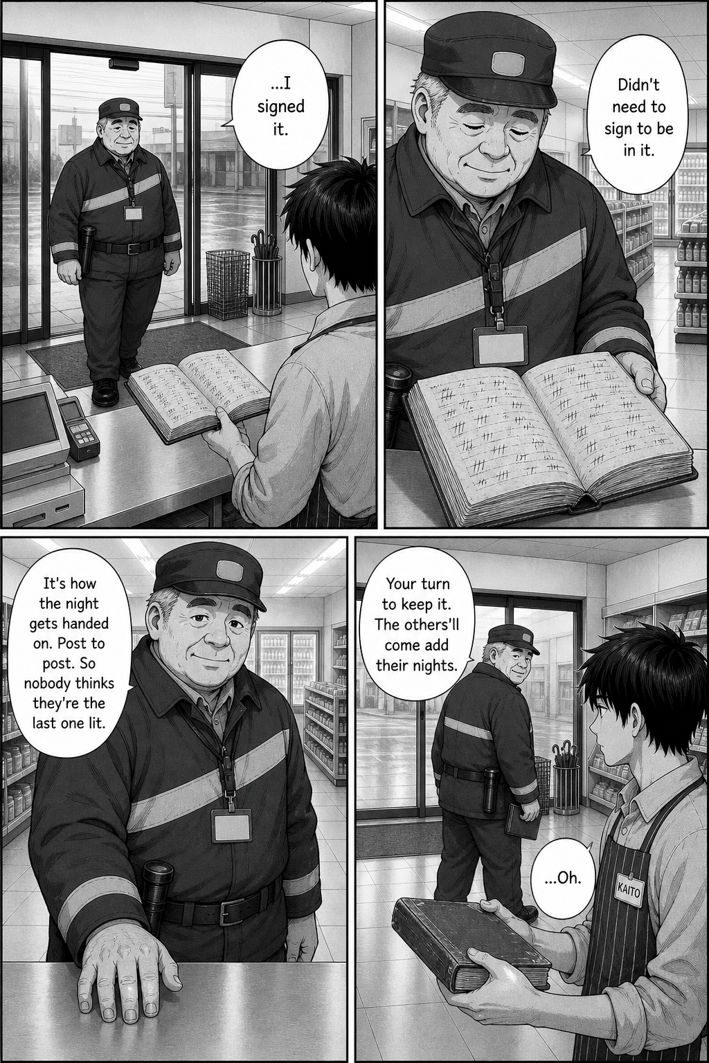At dawn Goro returns and tells Kaito he never needed to sign to be in the book—it's simply the shop's turn to keep it and hand the night on.