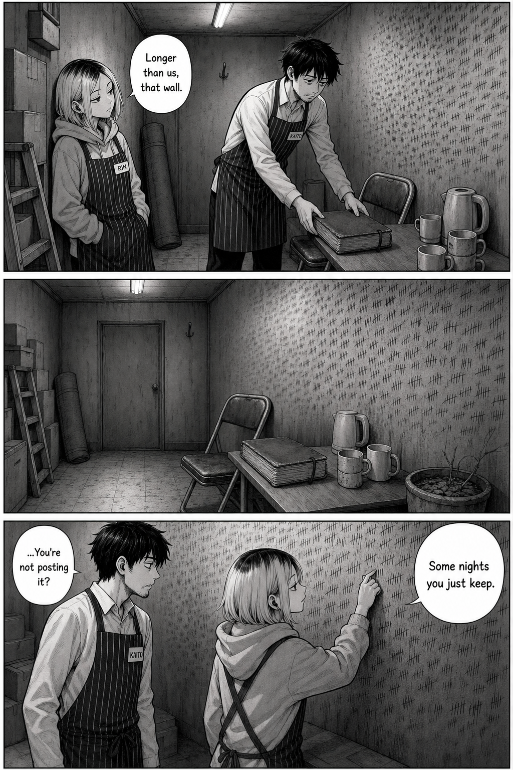 In the dim back room Kaito sets the book on a table beside the wall of scratched tally marks; Rin, not filming, adds a fresh scratch to the wall.