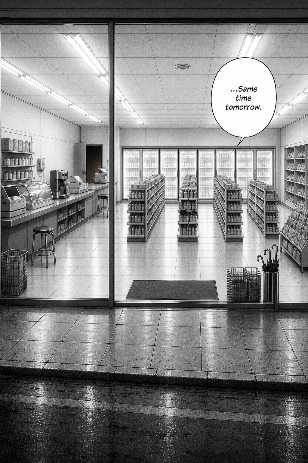 A dawn view of the store from the street: the counter bare where the book arrived, the light grey and the rain stopped, mirroring the opening shot.
