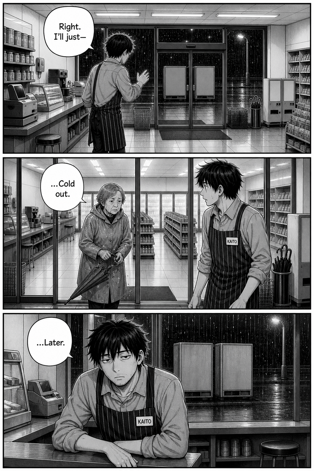 Kaito starts for the doors, but an elderly customer comes in and he retreats to the counter.