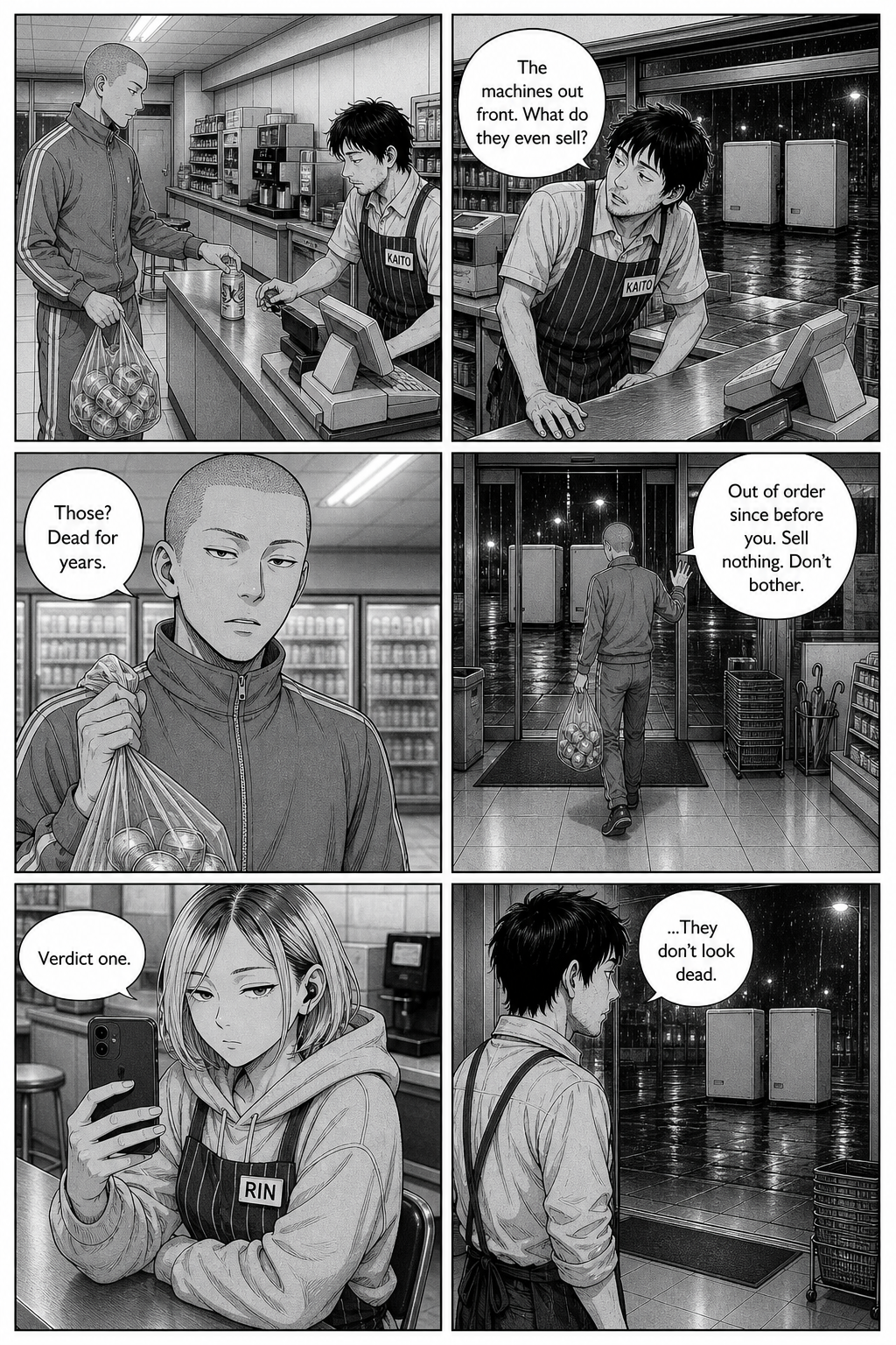 The tracksuit regular says the machines have been dead for years while Rin films.