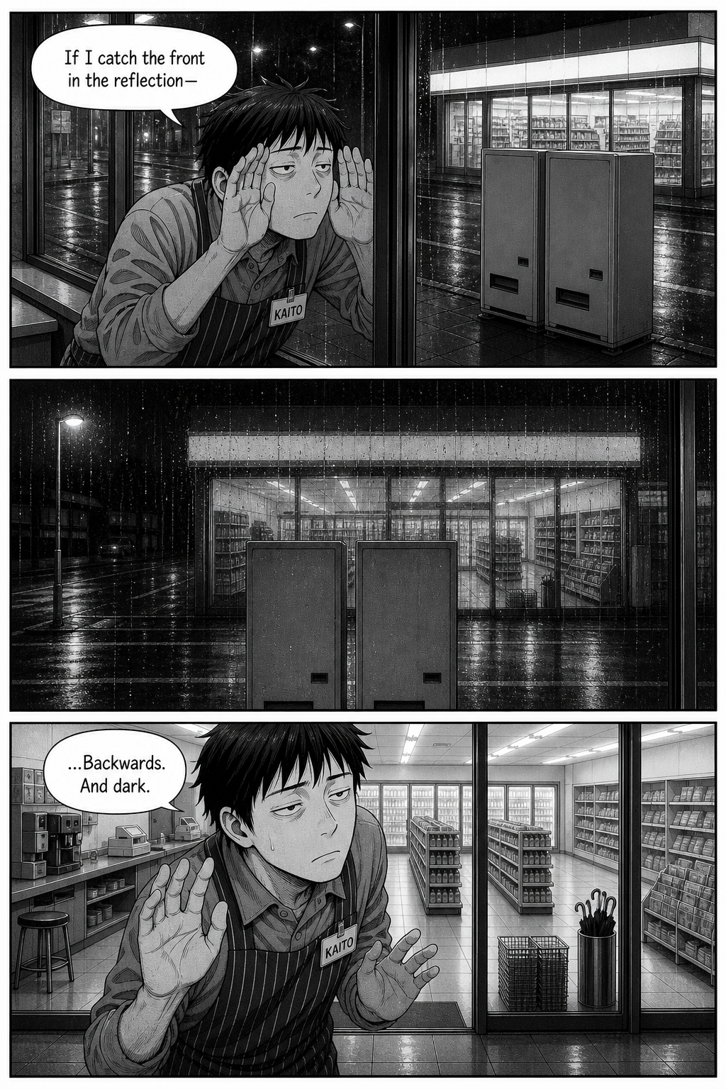 Kaito presses to the window trying to see the machines' fronts in a reflection, and fails.