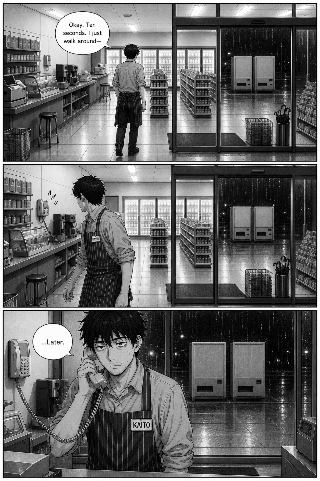 Kaito heads for the door again, but the counter landline rings and pulls him back.