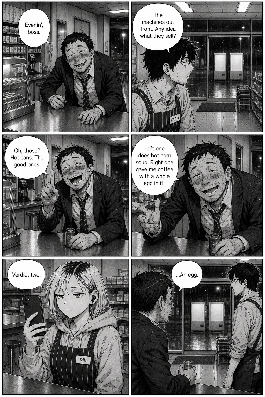 A drunk salaryman insists the machines sell hot cans of absurd things.