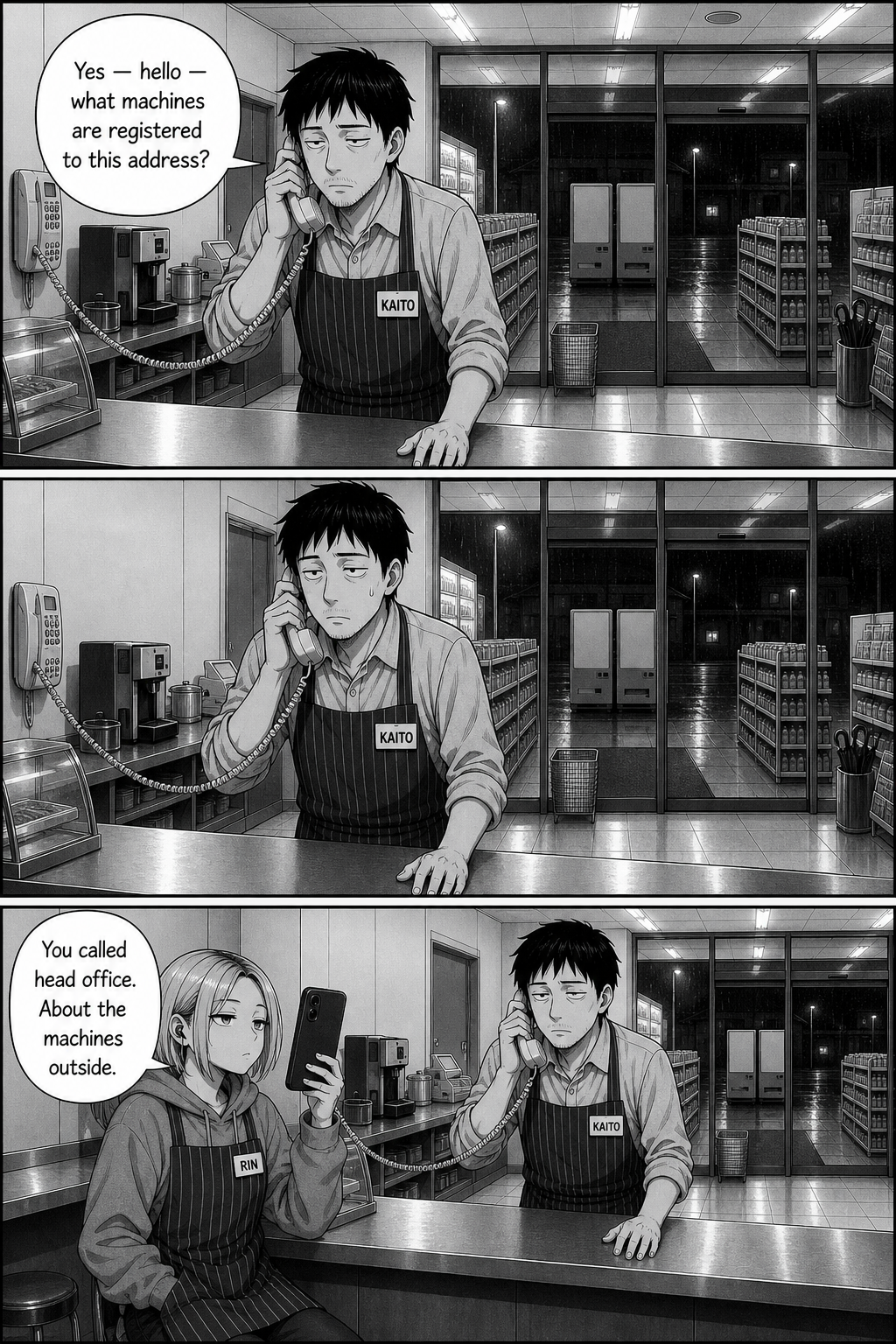Kaito phones head office to ask what machines are registered to the store, and is put on hold.