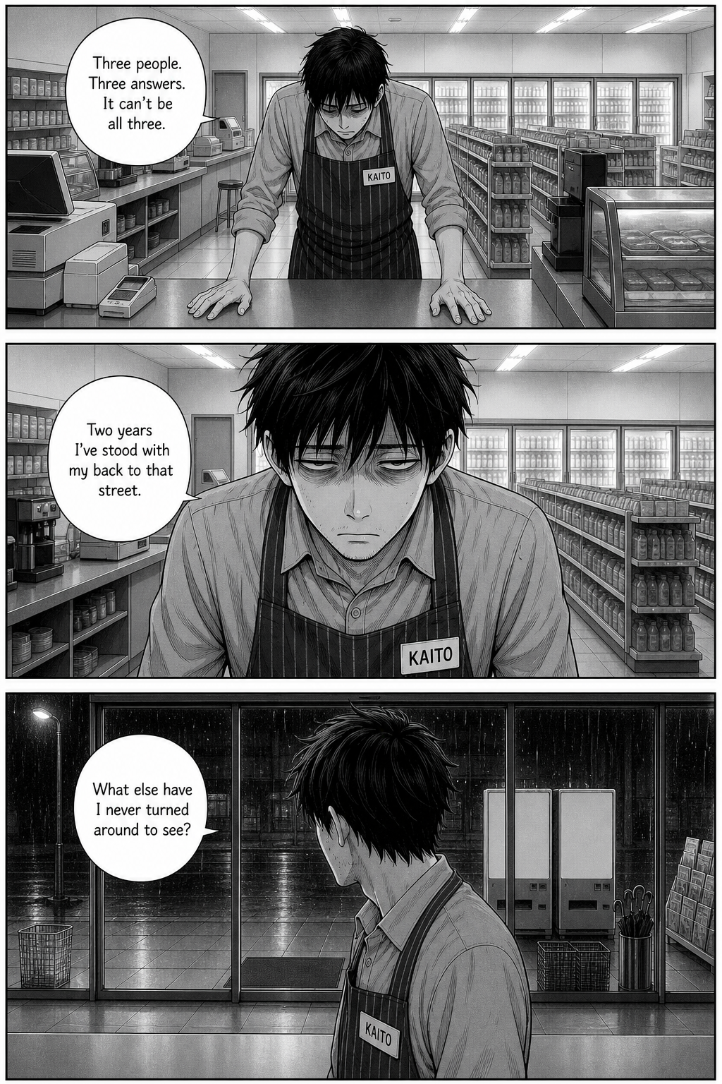 Overwhelmed by three contradictory answers, Kaito realizes he's faced away from the street for two years.