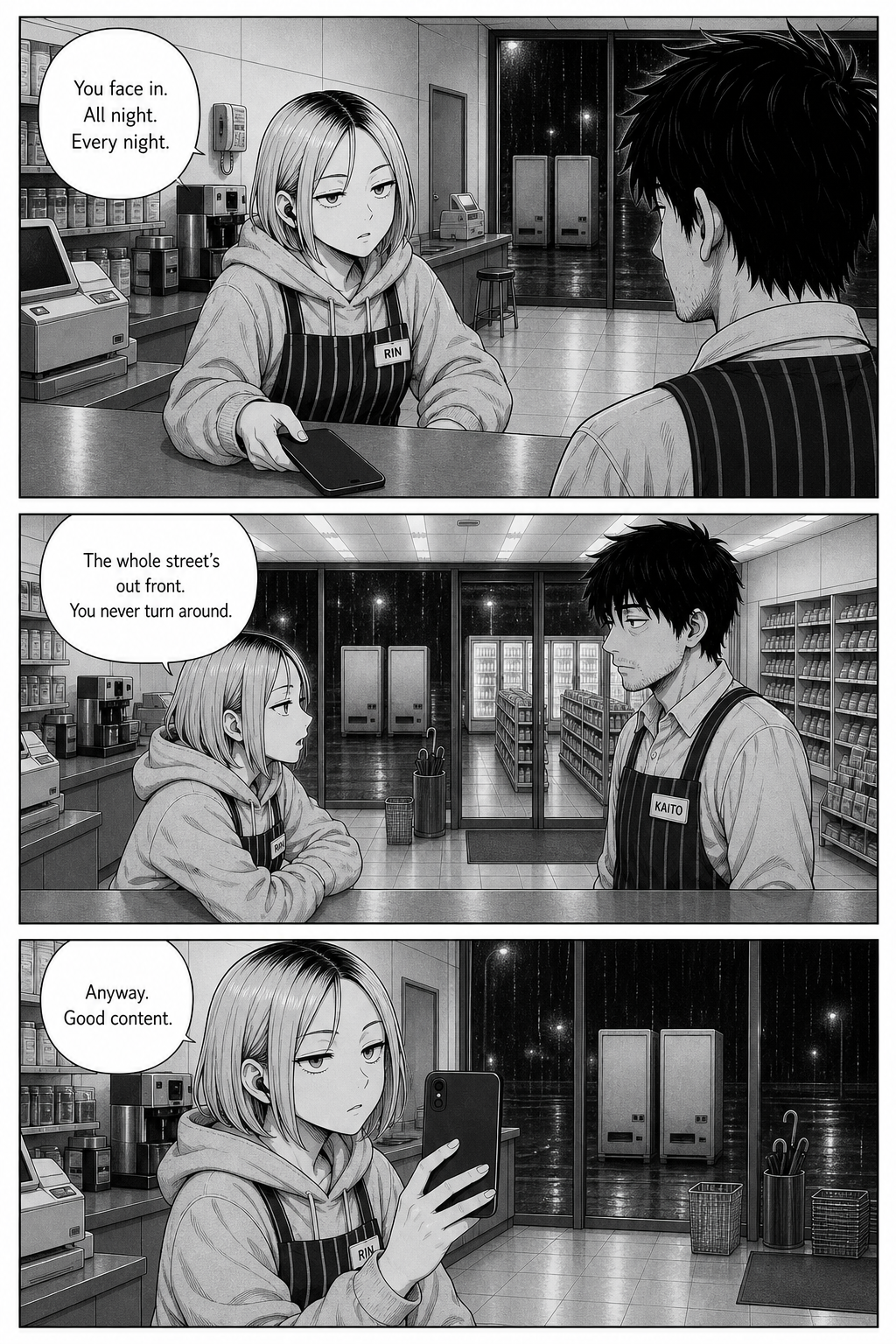 Rin sets her phone down and quietly tells Kaito he never turns around to look at the street.