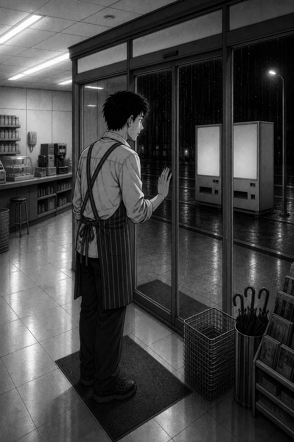 A silent panel: Kaito alone at the window, one hand on the glass, staring at the machines' backs.