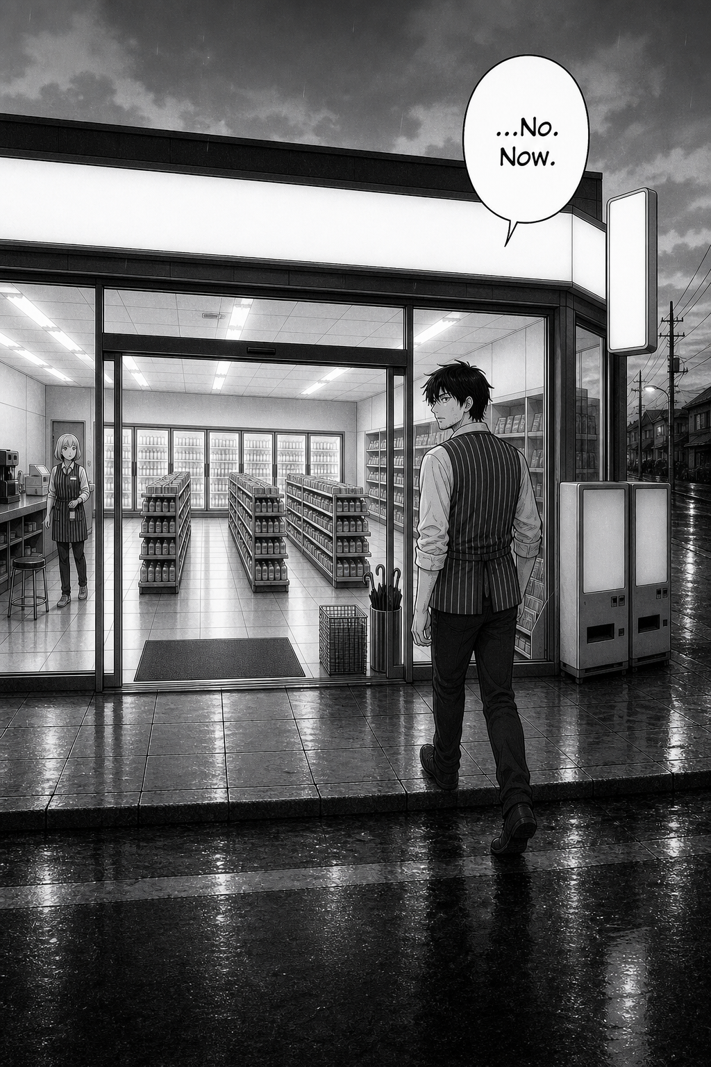 Near dawn, Kaito finally walks out through the open doors toward the machines.