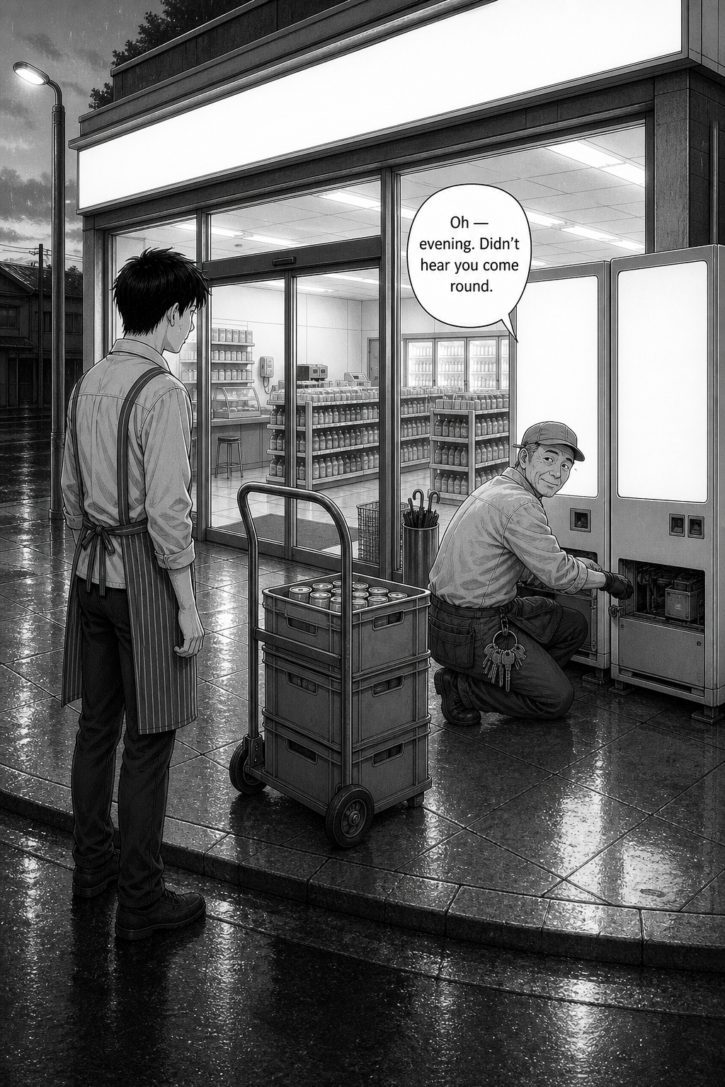 Outside, Kaito finds a vending-route worker kneeling at the open front of a machine.