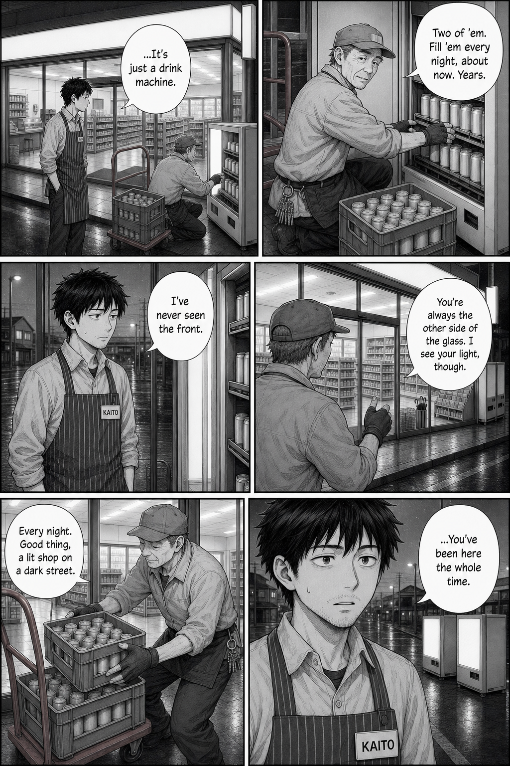 Kaito and Hori talk at the machines; Hori has filled them every night for years.