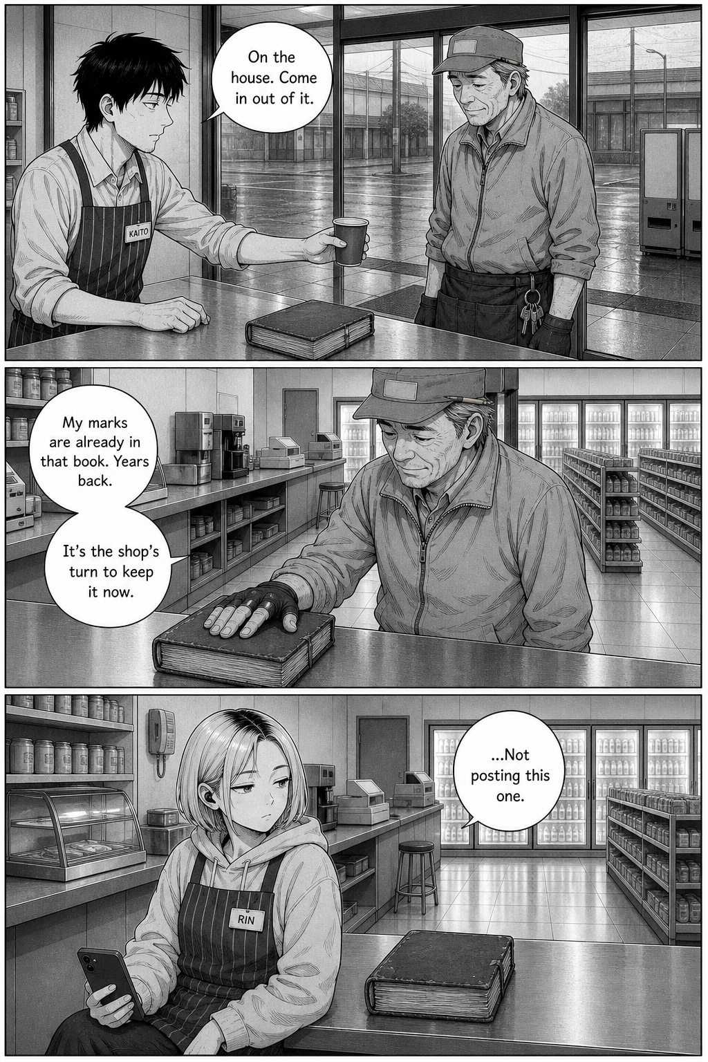 Kaito brings Hori in for a coffee; Hori's marks are already in the shop's old logbook.