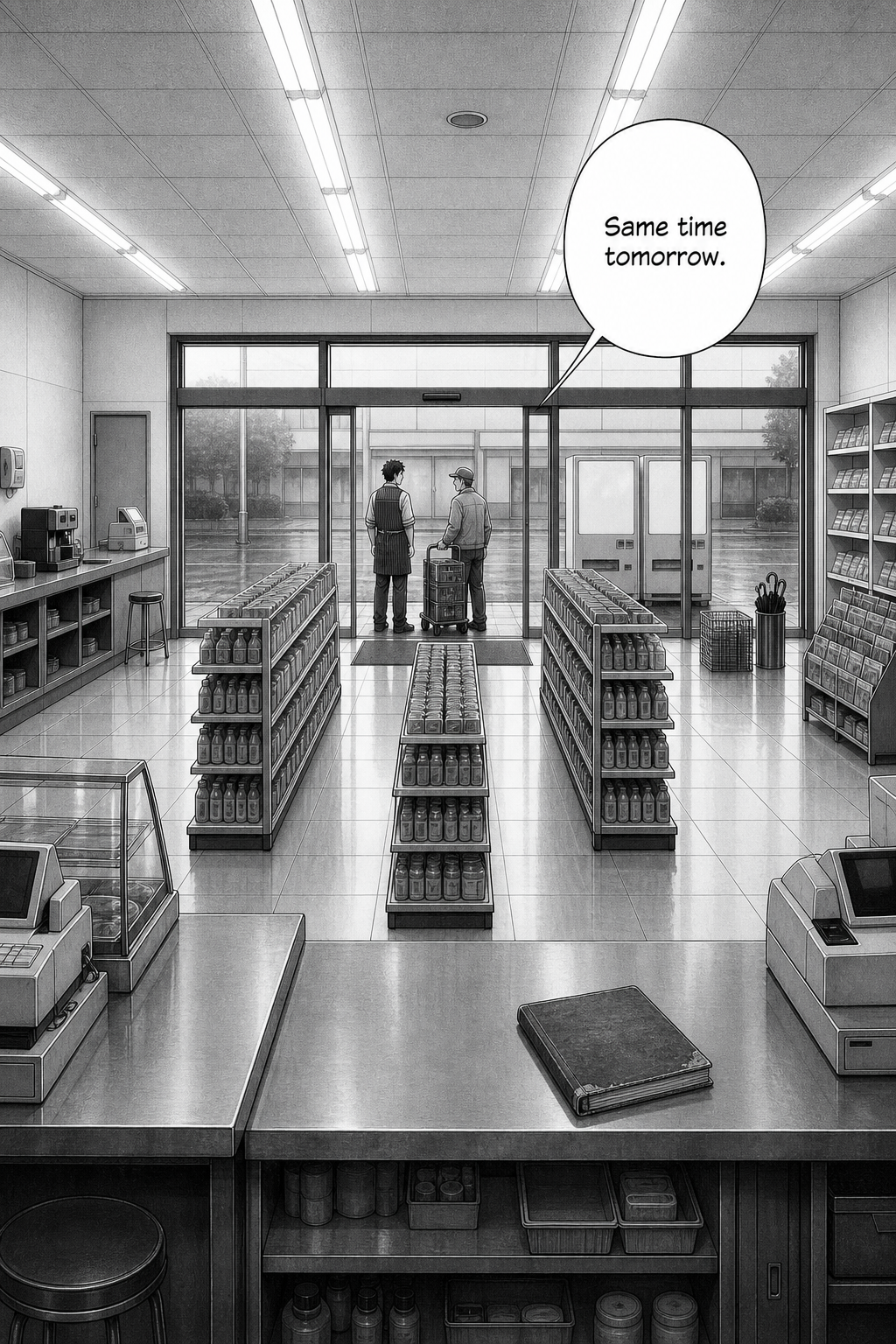 At dawn, the same view as page one — but now Kaito stands outside at the machines with Hori.