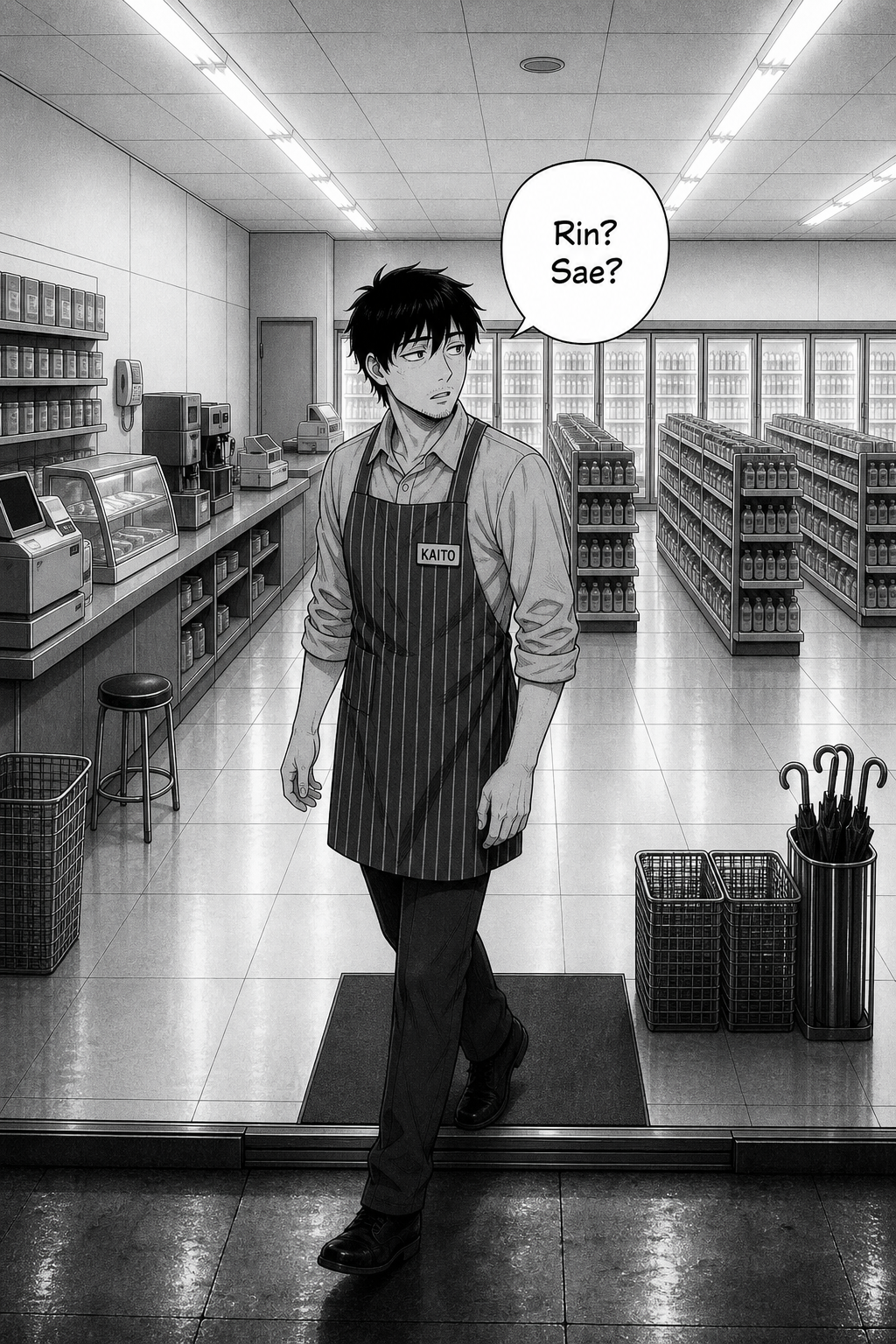 Kaito walks into a brightly lit convenience store, looking around with a slightly worried expression, wearing a striped apron with his name tag, as he passes the counter on his left and approaches the aisles of drinks and shelves on his right.