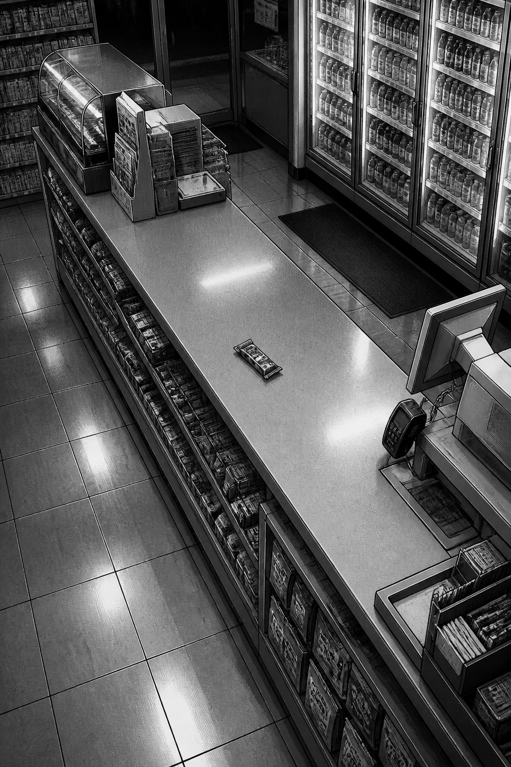 A high-angle shot from above shows a long, empty convenience store counter with a single candy bar lying in the middle, and rows of refrigerators filled with drinks line the wall in the background.