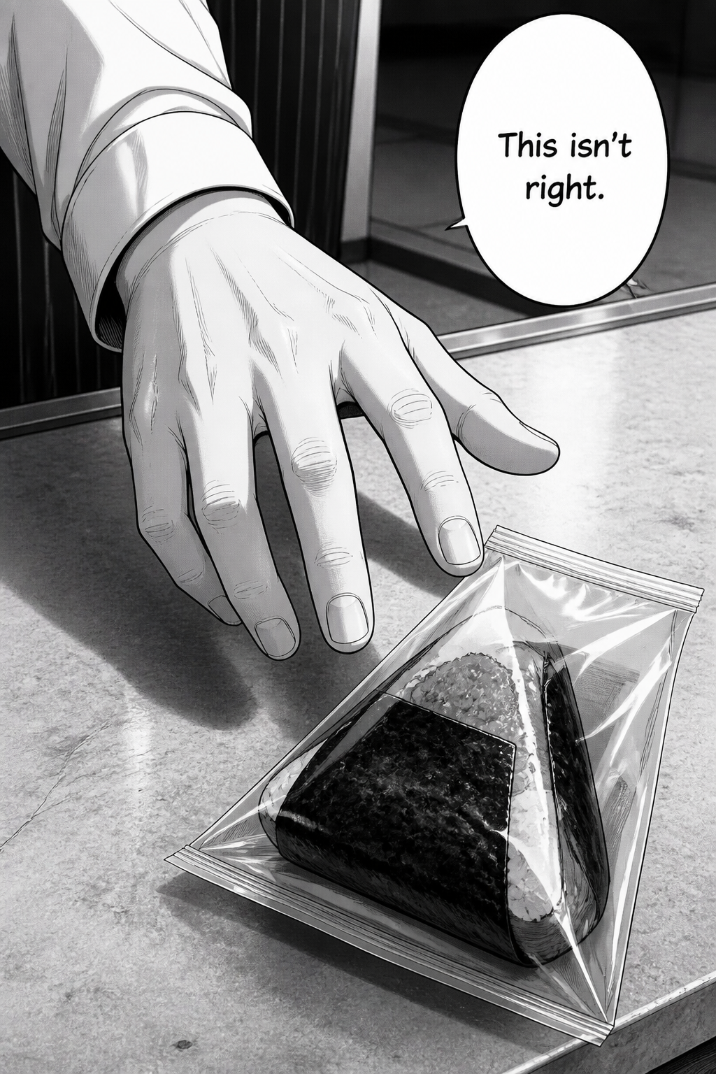 A man's hand reaches down towards a plastic-wrapped onigiri on a counter, with a speech bubble saying, "This isn't right."