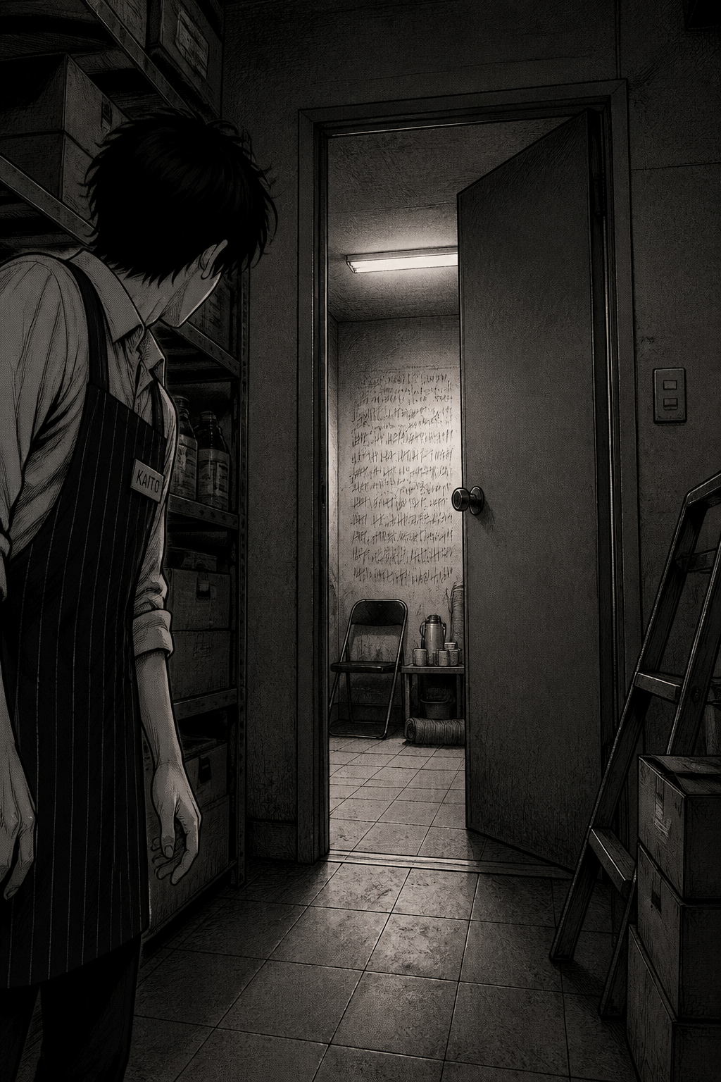 Kaito looks from the left into a dark, slightly ajar doorway, revealing a brightly lit room with a folding chair and supplies, while behind him are shelves with boxes.