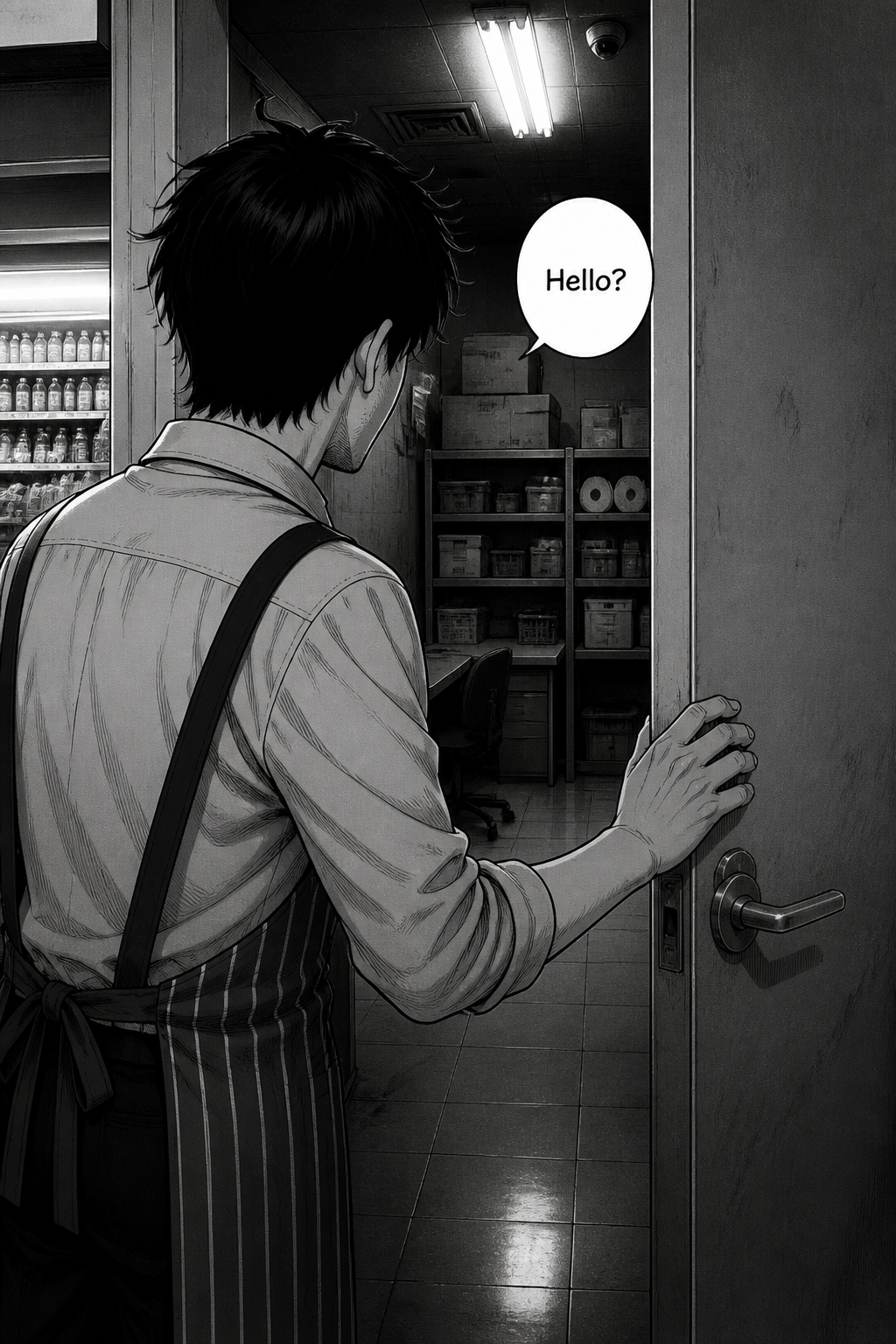 A man with dark hair, wearing a striped apron over a collared shirt, stands with his back to the viewer, holding a door open to a dimly lit back room with shelves and boxes, and speaks, "Hello?"