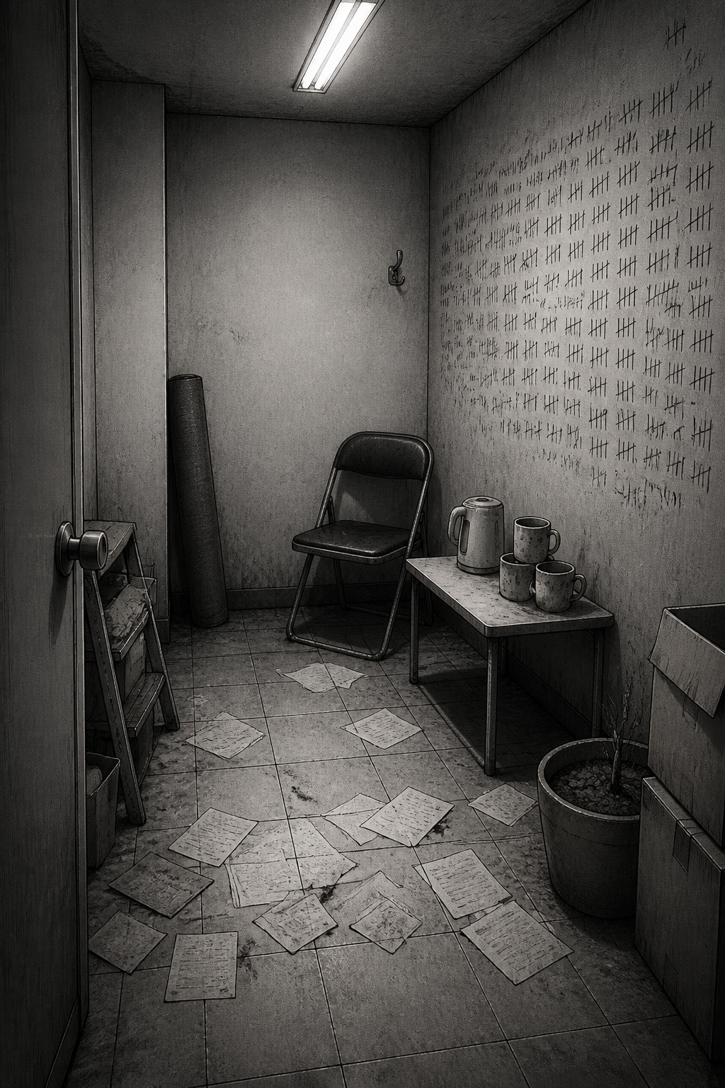 The backroom is a dark, small, concrete room illuminated by a fluorescent light, with tally marks covering the far wall, a metal folding chair, and papers scattered across the tiled floor.