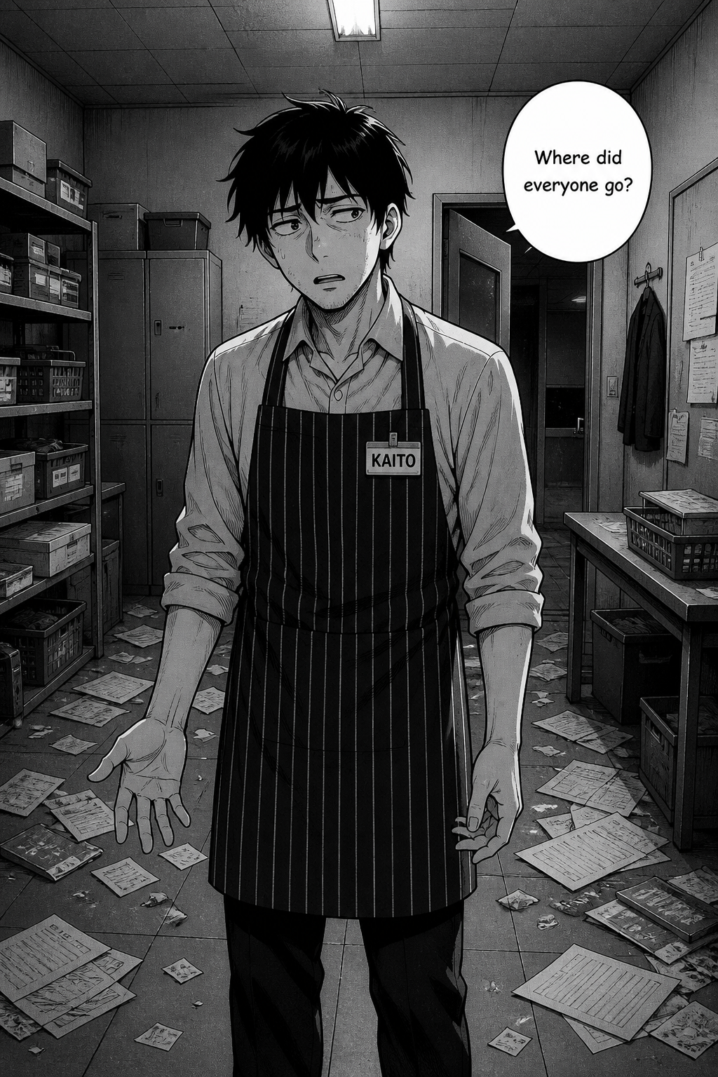 Kaito stands in the center of a messy storage room, looking distressed with his mouth slightly open and one hand extended, as various papers and debris litter the floor around him, and he wonders aloud, "Where did everyone go?".