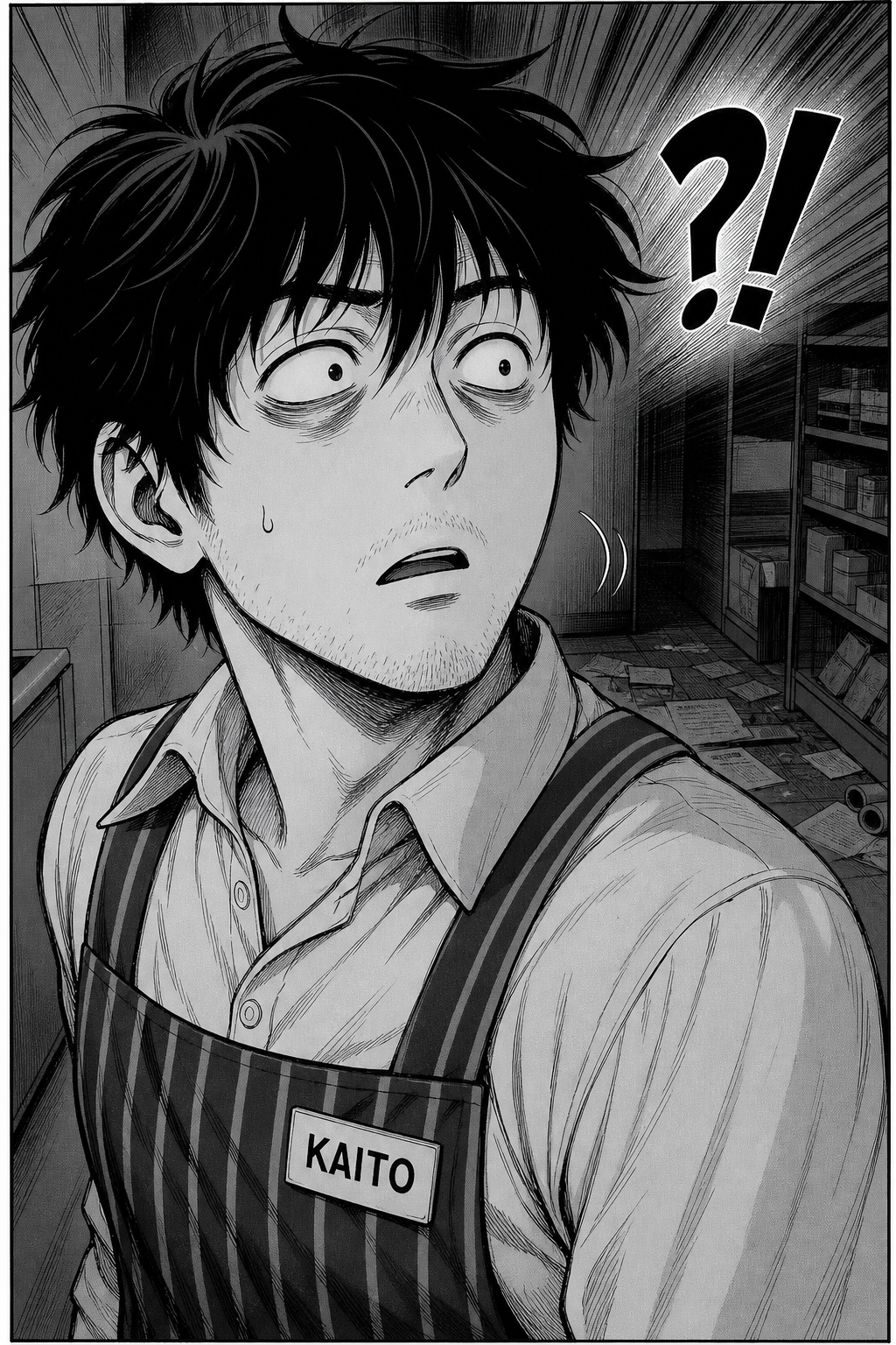 Kaito looks startled, eyes wide and mouth slightly open, turning his head towards a dark, messy corner of a room with shelves and papers scattered on the floor; his name tag on his striped apron reads KAITO.