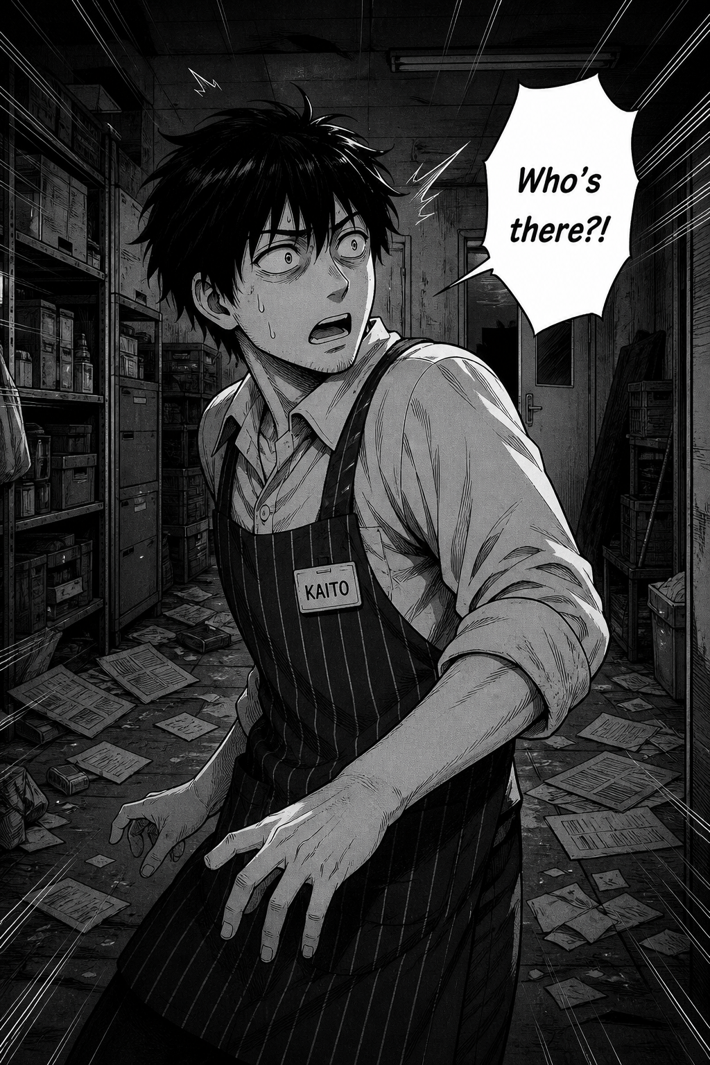 Kaito turns sharply to the right, looking shocked and sweaty, as he stands in a messy storage room with shelves, boxes, and papers scattered on the floor.