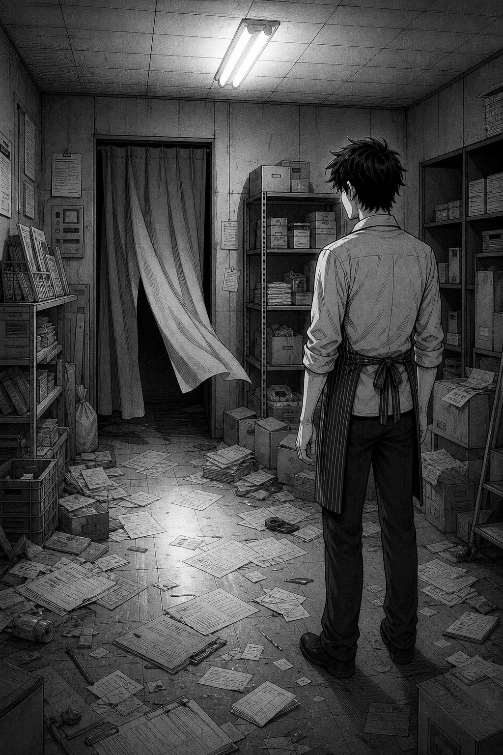 Kaito stands with his back to the viewer, looking at a door covered by a curtain that billows into a messy back room full of shelves and scattered papers.